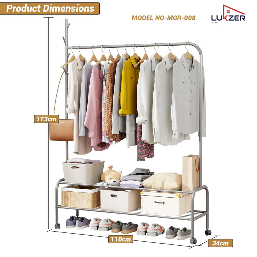 Lukzer Single Pole Portable Metal Garment Rack with 2 Bottom Shelves (MGR-008/Grey)