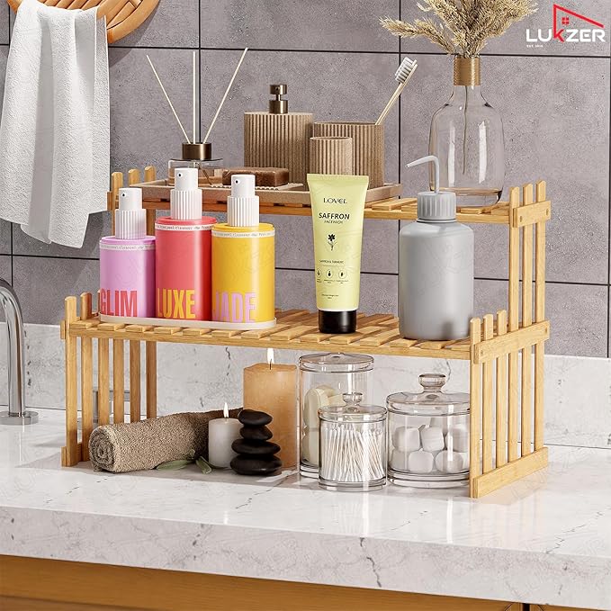 Lukzer Multipurpose Standing Shelf Rack for Kitchen Organizer | Bamboo Storage Rack for for Books, Plants, Decor &amp; More | Lightweight, Durable Organizer for Living Room, Balcony &amp; Office - (2,3,5,6 Tier)