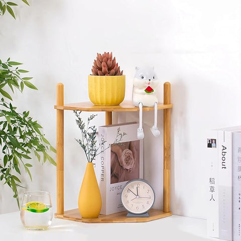 Lukzer Bamboo 2-Tier Corner Shelf Rack | Wooden Hexagon Side Table for Kitchen, Bathroom, Living Room, Office | Multipurpose Storage Organizer Stand for Plants, Books & Decor