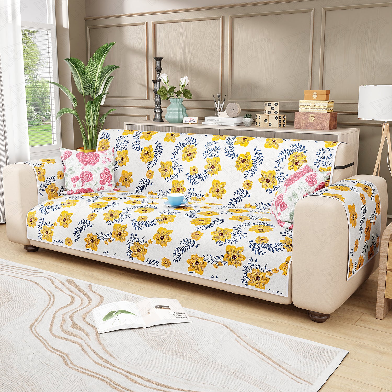Lukzer Quilted Reversible Sofa Cover Mat with Arms | Polyester Blend 350 GSM Full Coverage &amp; Back Belt for Stability | Washable Furniture Protector.