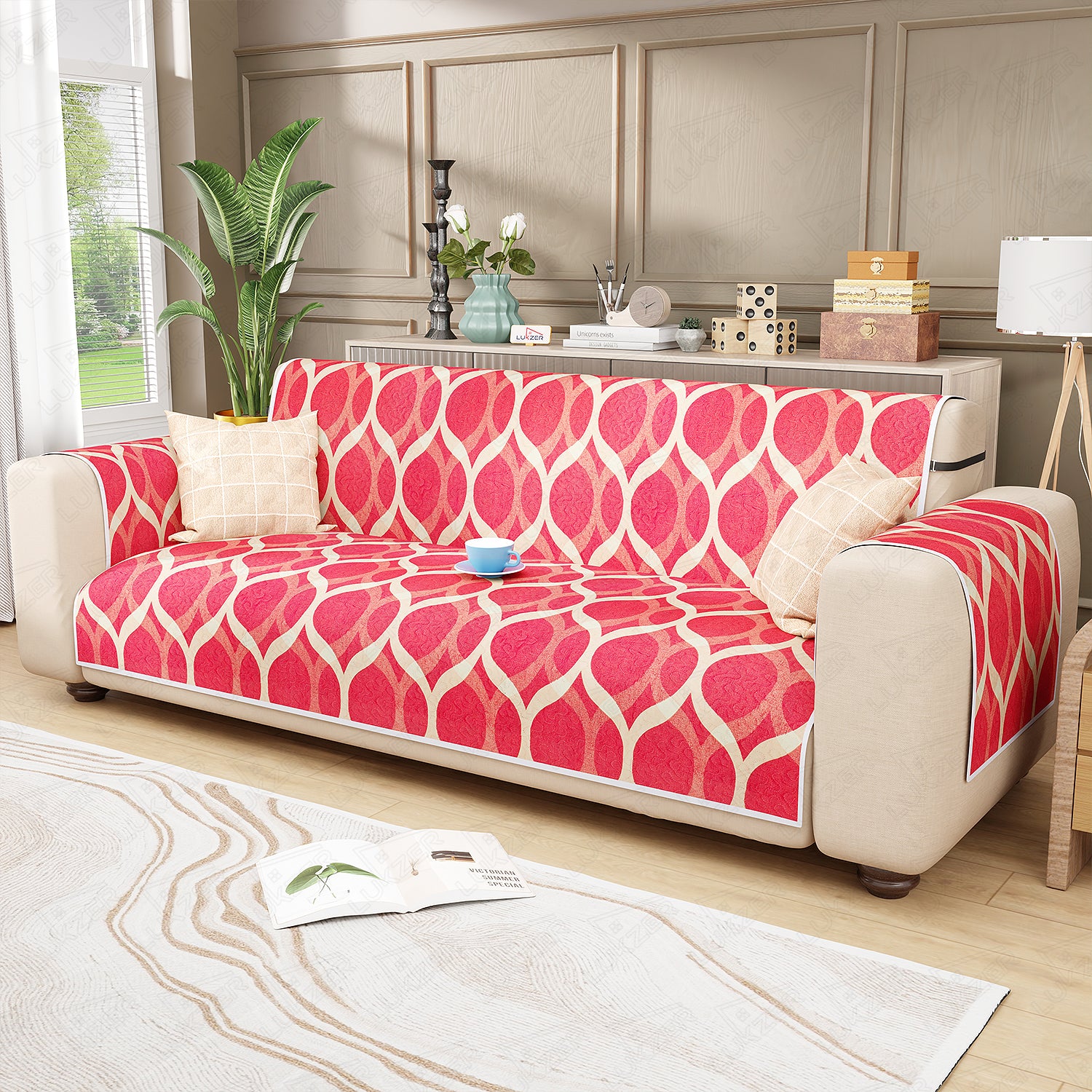 Lukzer Quilted Reversible Sofa Cover Mat with Arms | Polyester Blend 350 GSM Full Coverage &amp; Back Belt for Stability | Washable Furniture Protector.