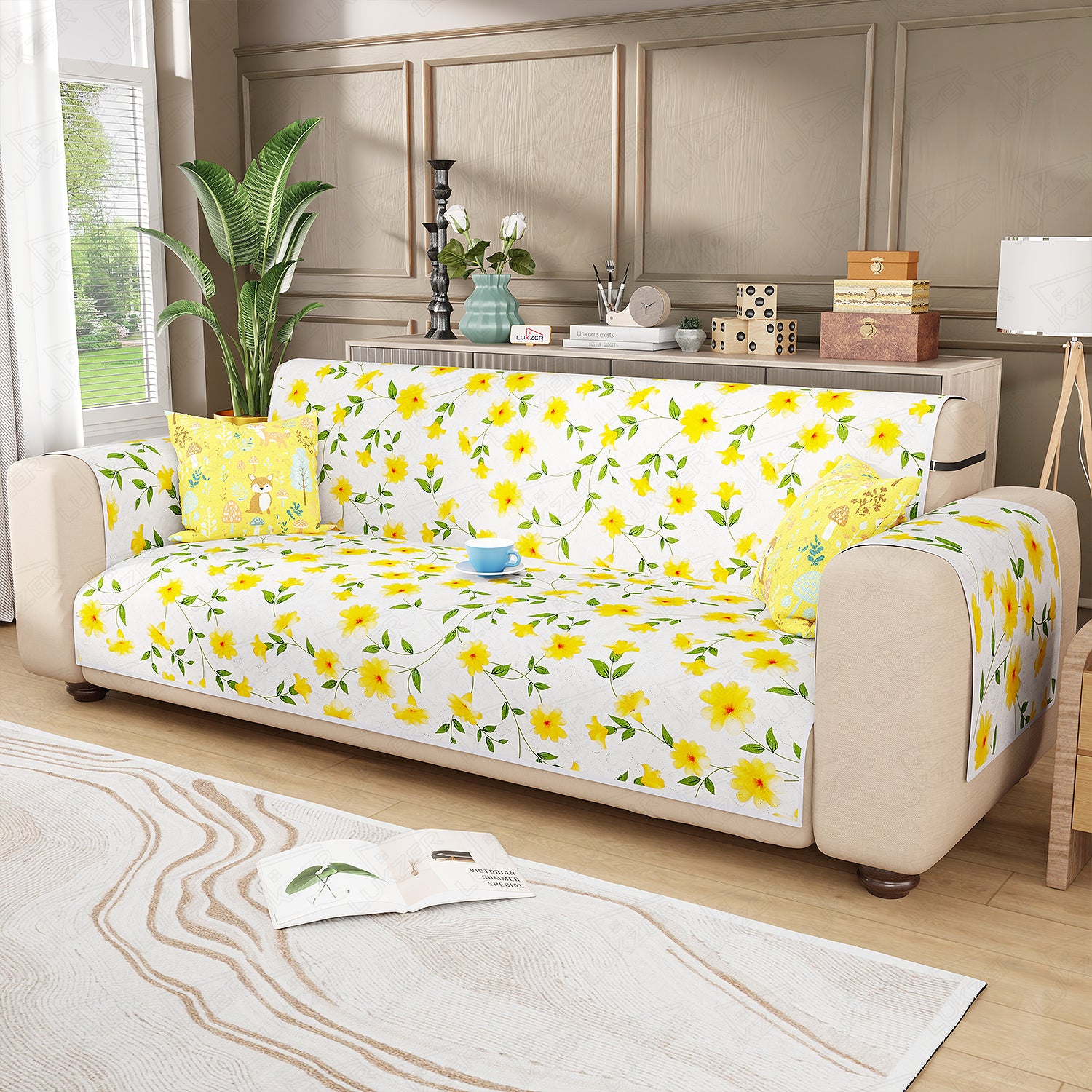 Lukzer Quilted Reversible Sofa Cover Mat with Arms | Polyester Blend 350 GSM Full Coverage &amp; Back Belt for Stability | Washable Furniture Protector.