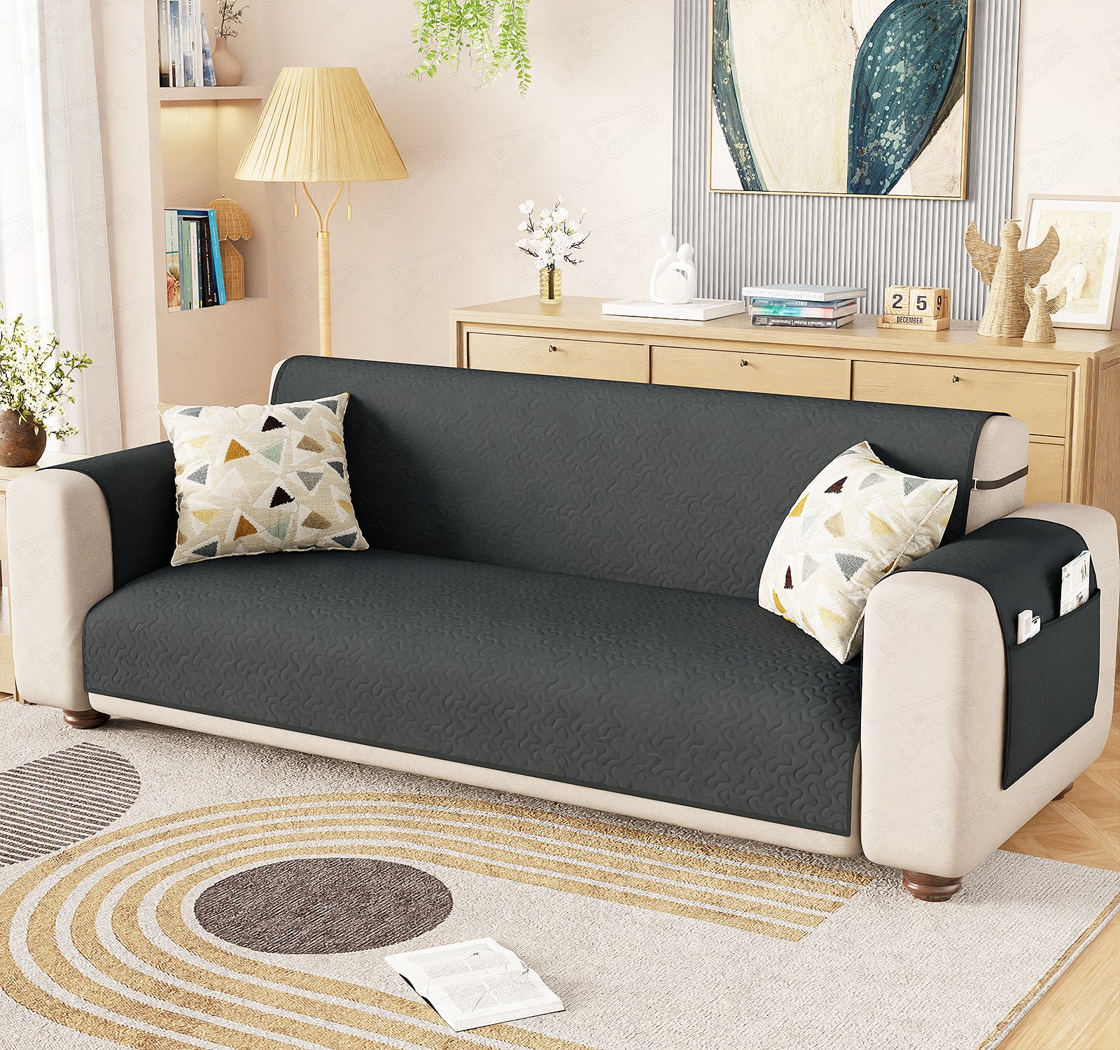Lukzer Quilted Stipple Blue Sofa Cover Mat with Storage Side Pocket | 350 GSM Polyester Blend Full Coverage with Arms &amp; Back Belt | Machine Washable Sofa Runner.