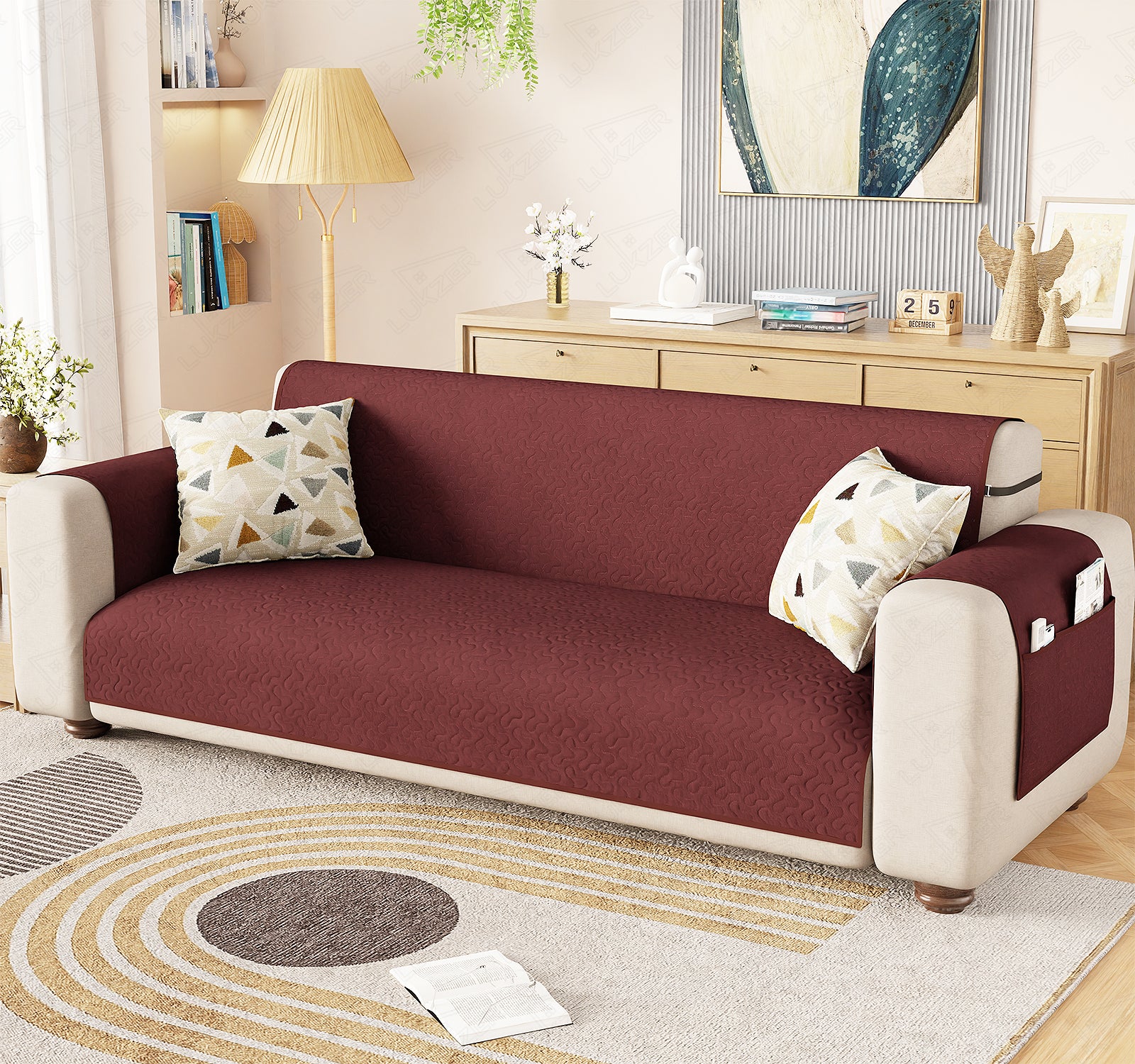 Lukzer Quilted Stipple Blue Sofa Cover Mat with Storage Side Pocket | 350 GSM Polyester Blend Full Coverage with Arms &amp; Back Belt | Machine Washable Sofa Runner.