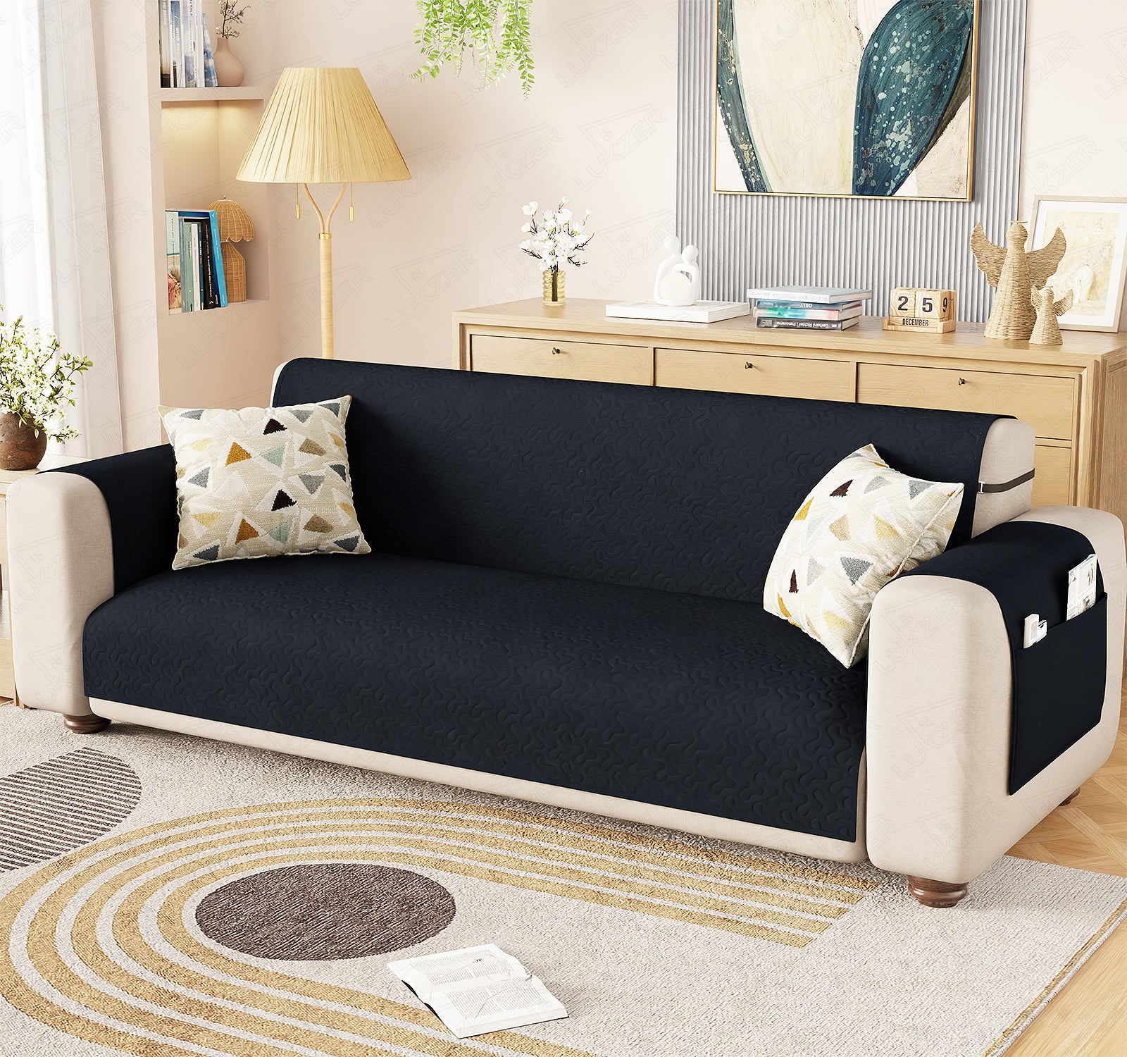 Lukzer Quilted Stipple Blue Sofa Cover Mat with Storage Side Pocket | 350 GSM Polyester Blend Full Coverage with Arms &amp; Back Belt | Machine Washable Sofa Runner.