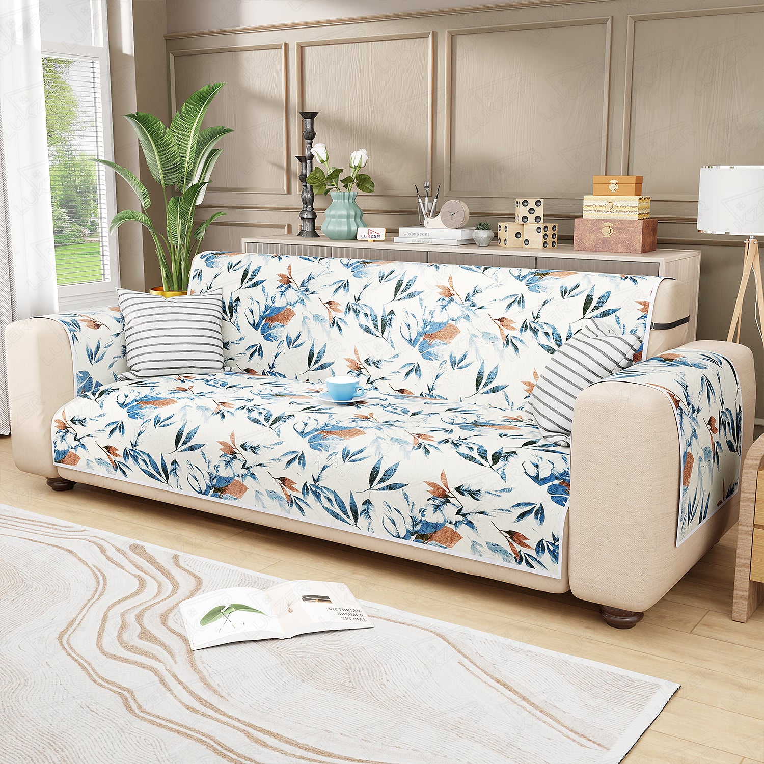Lukzer Quilted Reversible Sofa Cover Mat with Arms | Polyester Blend 350 GSM Full Coverage &amp; Back Belt for Stability | Washable Furniture Protector.