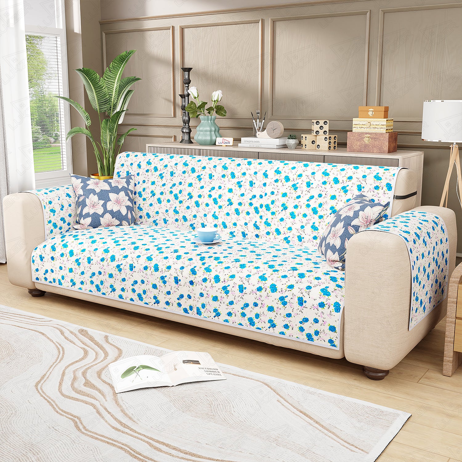 Lukzer Quilted Reversible Sofa Cover Mat with Arms | Polyester Blend 350 GSM Full Coverage &amp; Back Belt for Stability | Washable Furniture Protector.