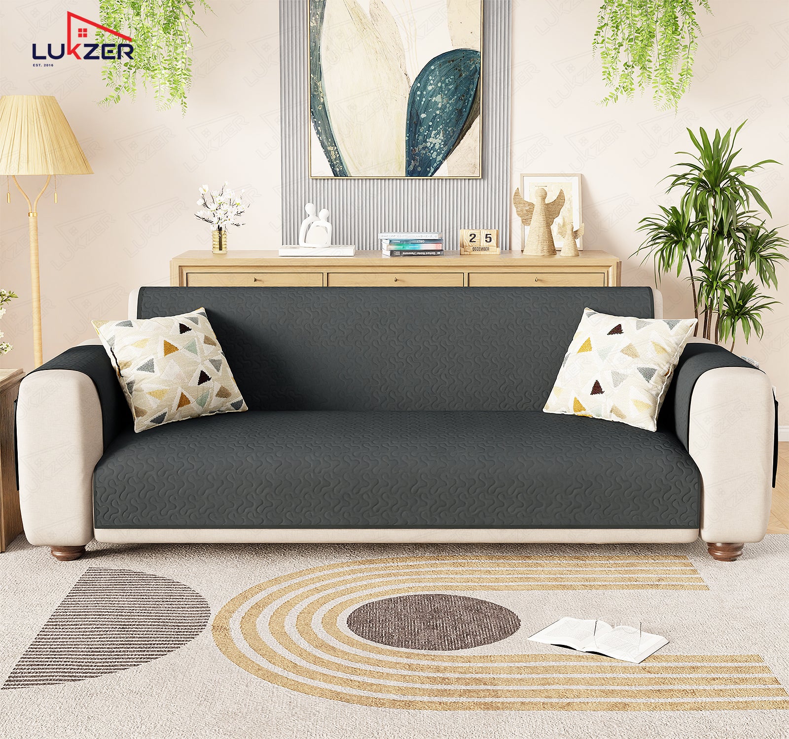 Lukzer Quilted Stipple Blue Sofa Cover Mat with Storage Side Pocket | 350 GSM Polyester Blend Full Coverage with Arms &amp; Back Belt | Machine Washable Sofa Runner.