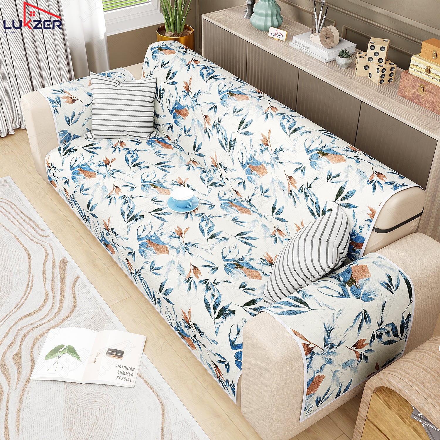 Lukzer Quilted Reversible Sofa Cover Mat with Arms | Polyester Blend 350 GSM Full Coverage &amp; Back Belt for Stability | Washable Furniture Protector.