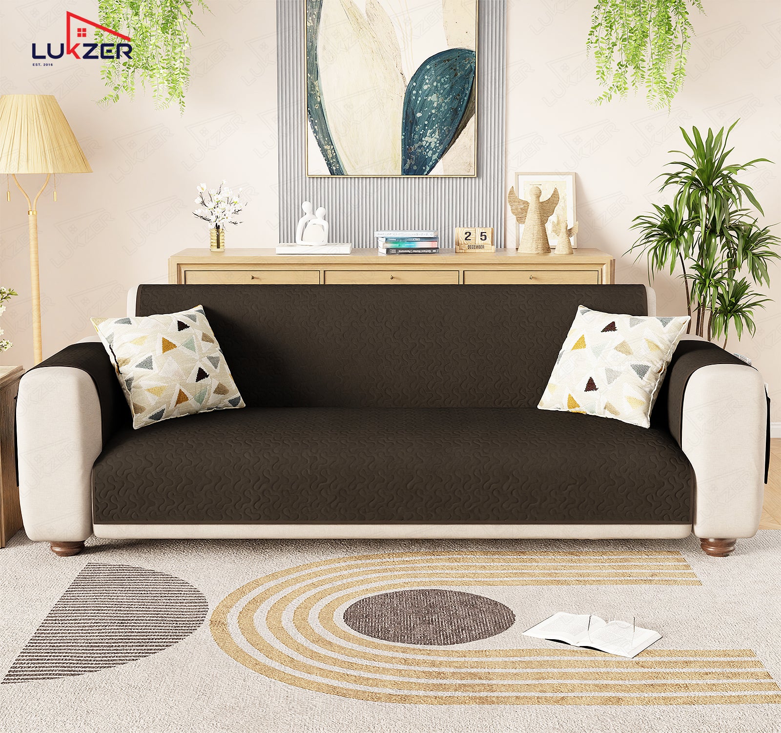 Lukzer Quilted Stipple Blue Sofa Cover Mat with Storage Side Pocket | 350 GSM Polyester Blend Full Coverage with Arms &amp; Back Belt | Machine Washable Sofa Runner.