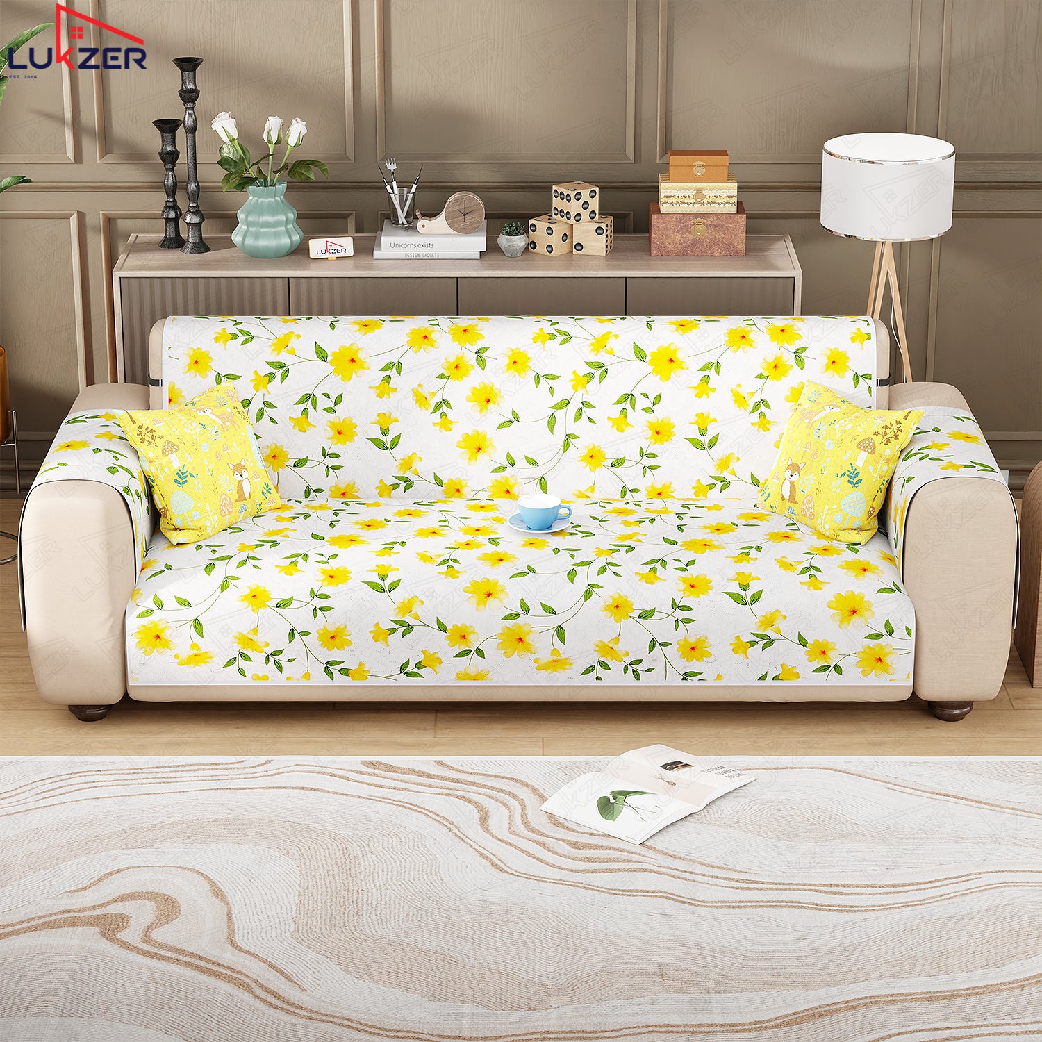 Lukzer Quilted Reversible Sofa Cover Mat with Arms | Polyester Blend 350 GSM Full Coverage &amp; Back Belt for Stability | Washable Furniture Protector.