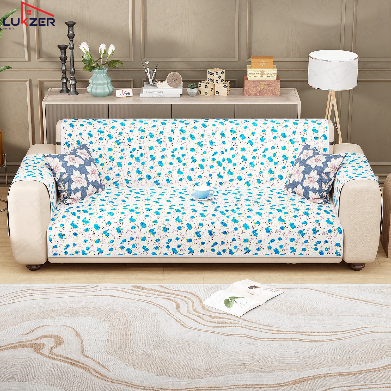 Lukzer Quilted Reversible Sofa Cover Mat with Arms | Polyester Blend 350 GSM Full Coverage &amp; Back Belt for Stability | Washable Furniture Protector.