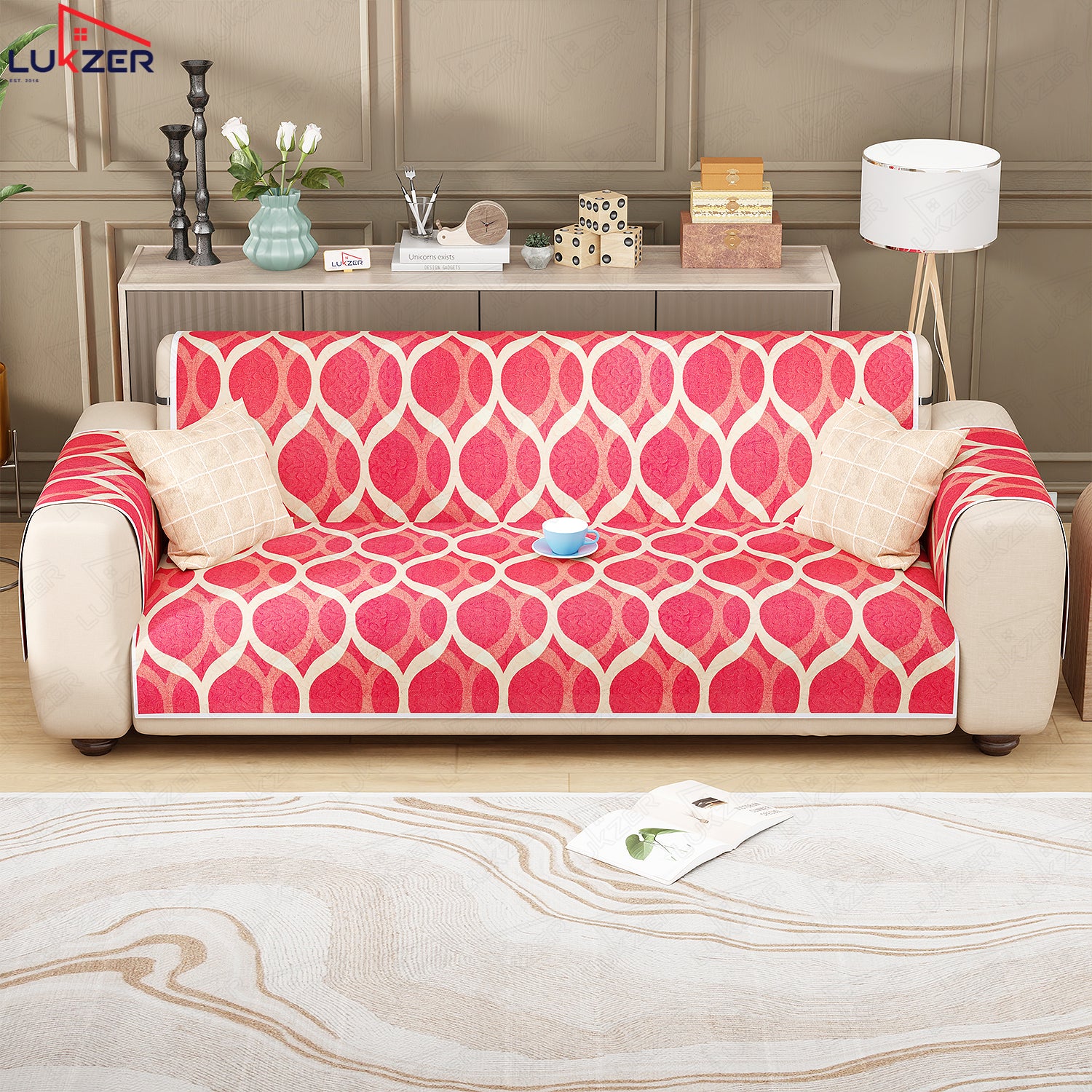 Lukzer Quilted Reversible Sofa Cover Mat with Arms | Polyester Blend 350 GSM Full Coverage &amp; Back Belt for Stability | Washable Furniture Protector.