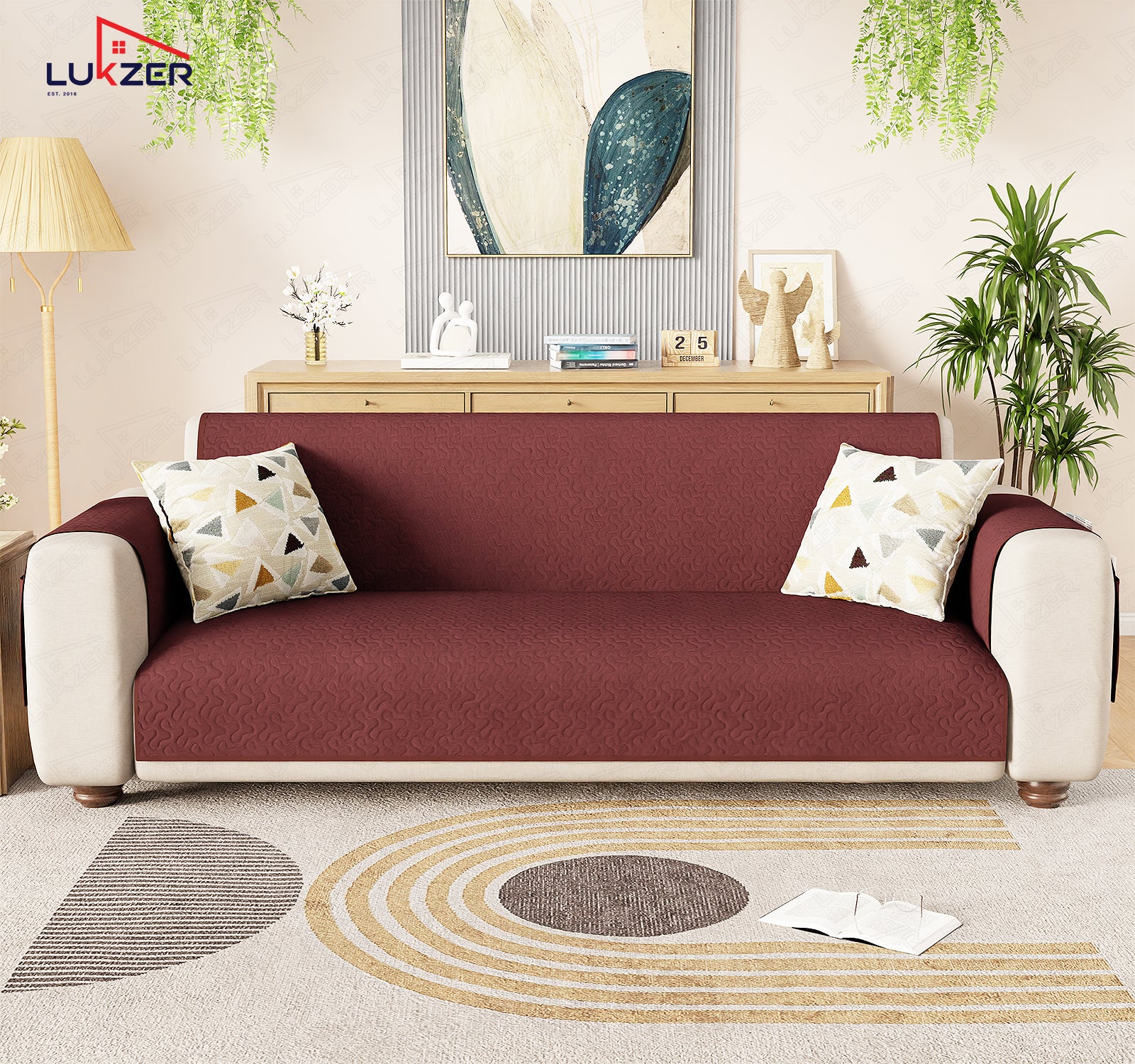 Lukzer Quilted Stipple Blue Sofa Cover Mat with Storage Side Pocket | 350 GSM Polyester Blend Full Coverage with Arms &amp; Back Belt | Machine Washable Sofa Runner.