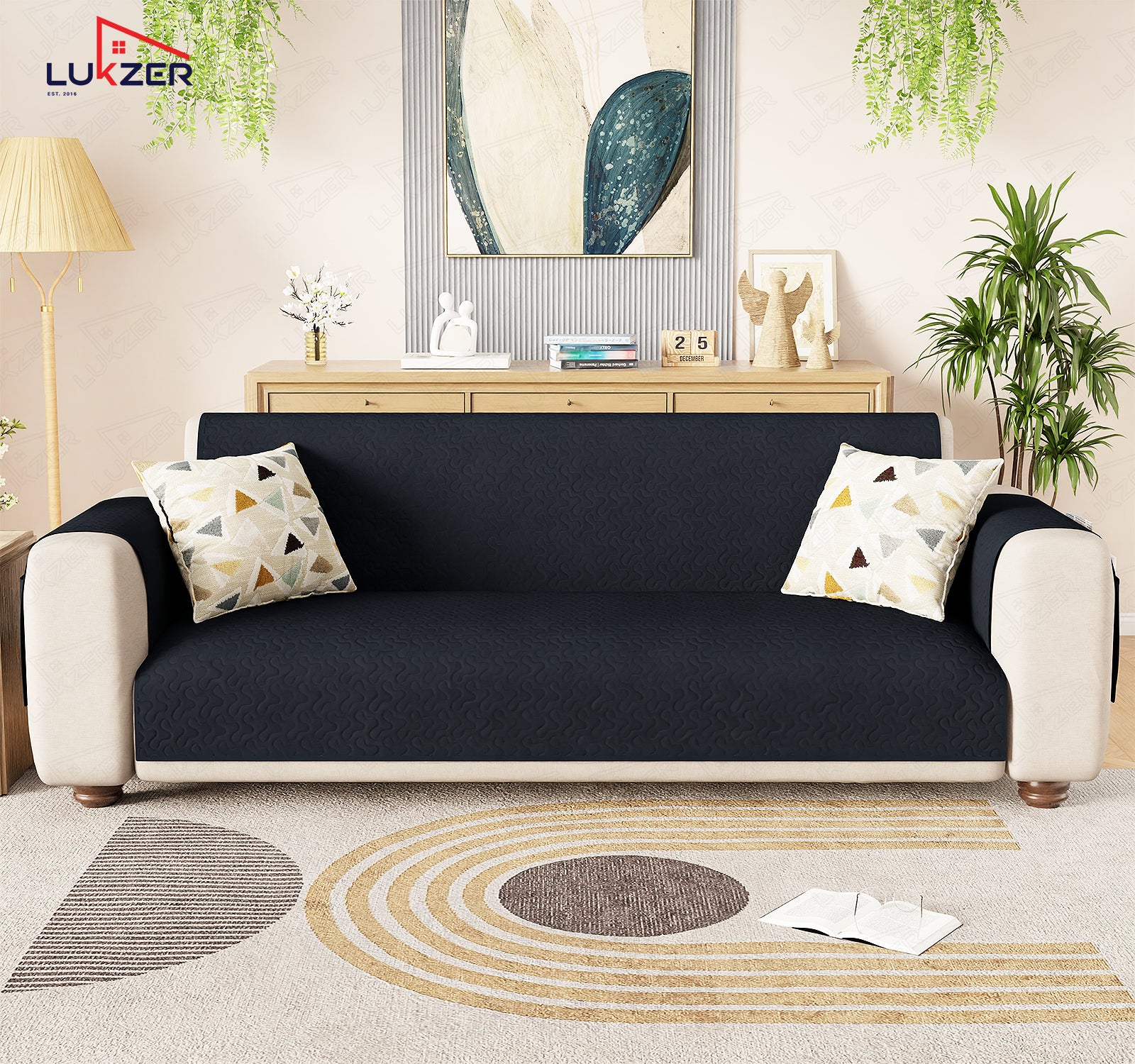 Lukzer Quilted Stipple Blue Sofa Cover Mat with Storage Side Pocket | 350 GSM Polyester Blend Full Coverage with Arms &amp; Back Belt | Machine Washable Sofa Runner.