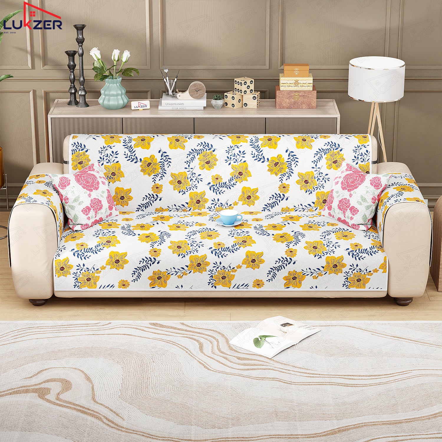Lukzer Quilted Reversible Sofa Cover Mat with Arms | Polyester Blend 350 GSM Full Coverage &amp; Back Belt for Stability | Washable Furniture Protector.