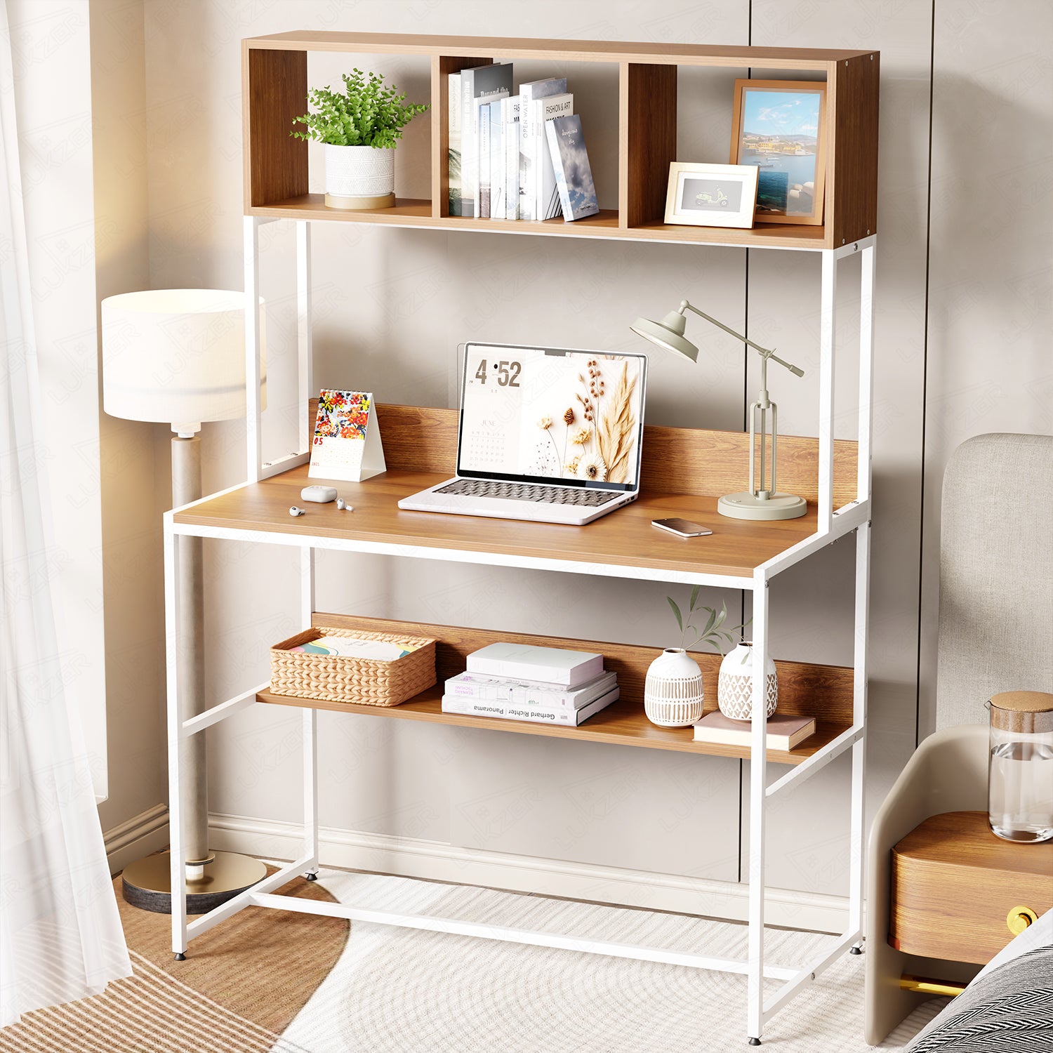 Lukzer Wooden & Metal Study Desk with 3 Storage Shelf & Open Bookshelf for Home (MST-011/White & Oak Brown)