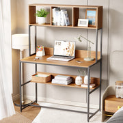 Lukzer Wooden & Metal Study Desk with 3 Storage Shelf & Open Bookshelf for Home (MST-011/Black & Oak Brown)