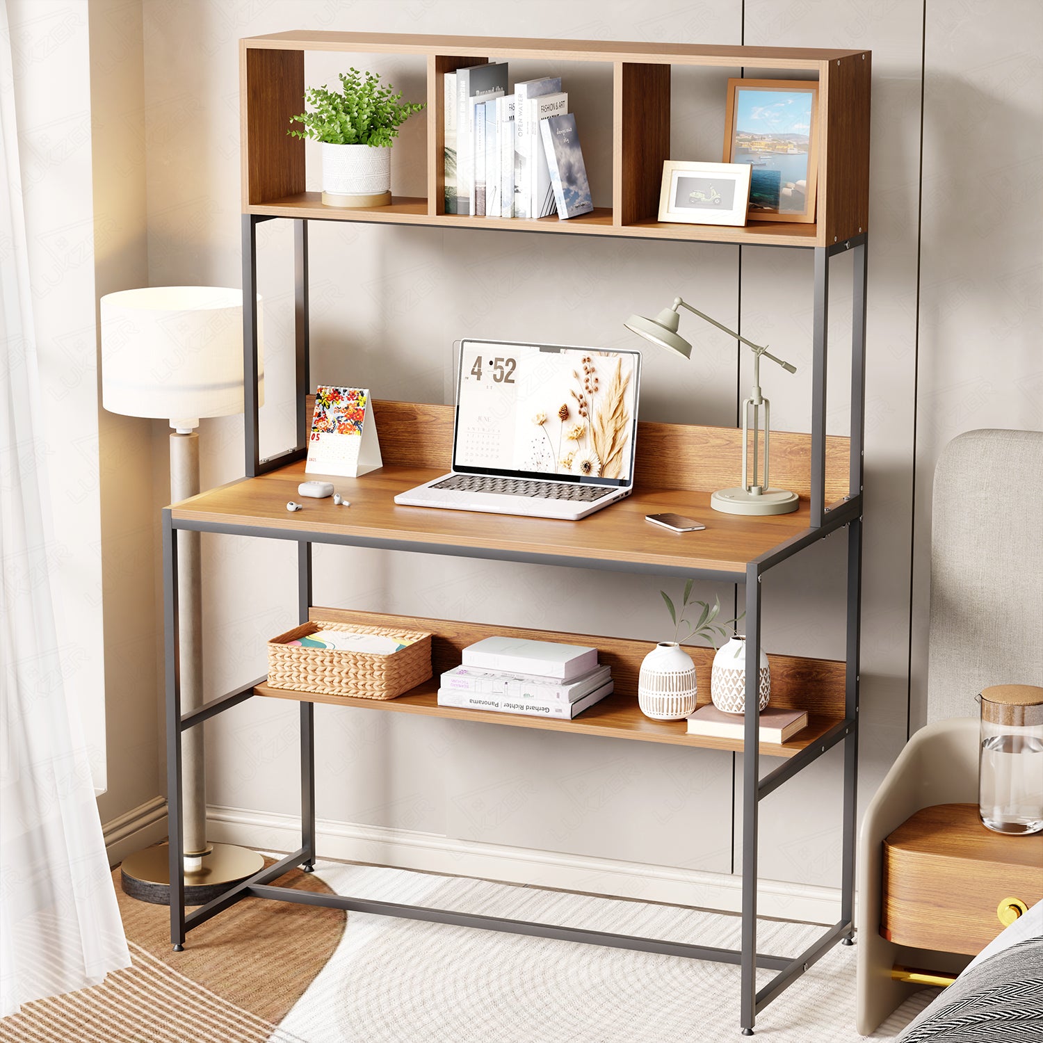 Lukzer Wooden & Metal Study Desk with 3 Storage Shelf & Open Bookshelf for Home (MST-011/Black & Oak Brown)
