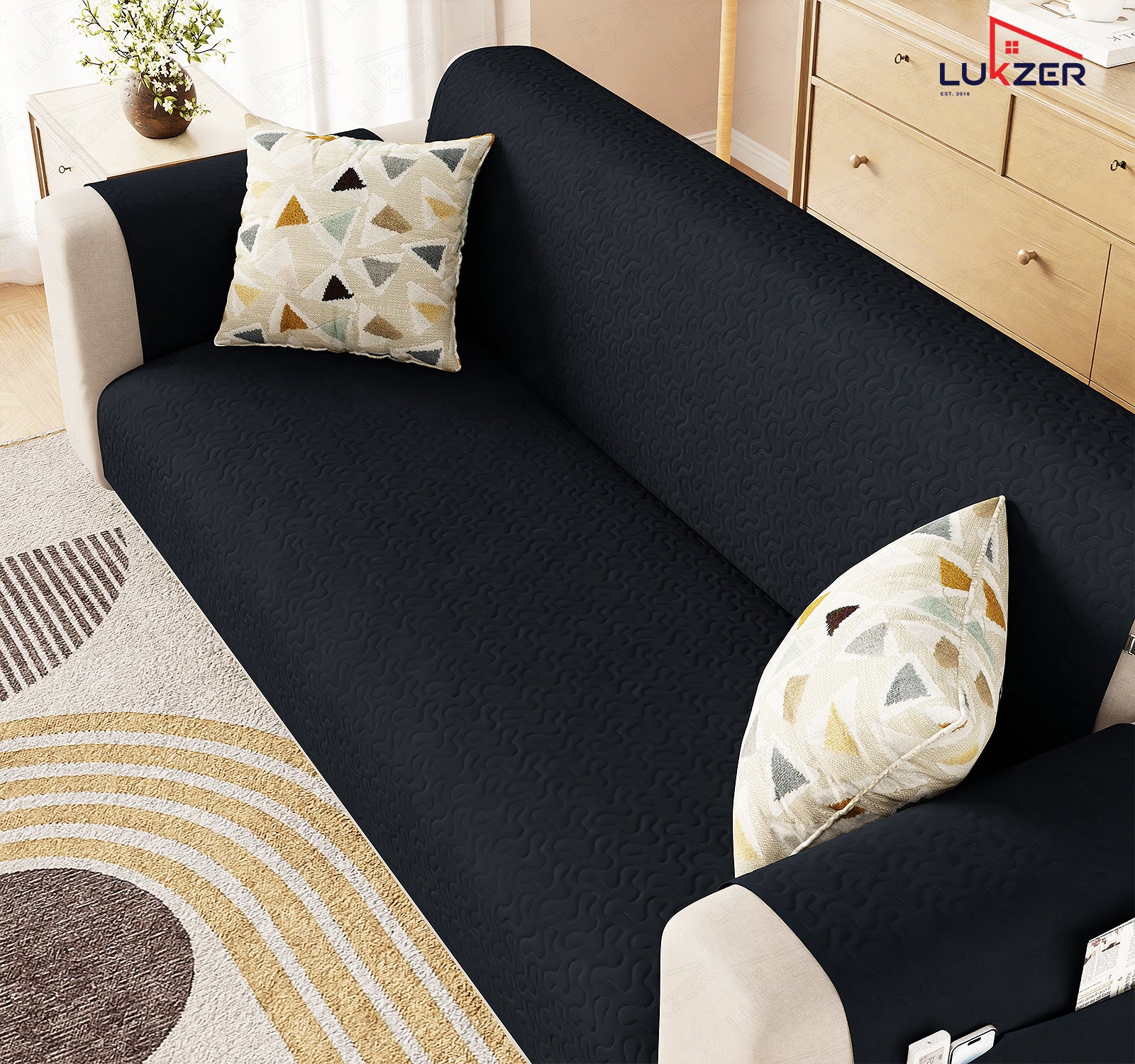 Lukzer Quilted Stipple Blue Sofa Cover Mat with Storage Side Pocket | 350 GSM Polyester Blend Full Coverage with Arms &amp; Back Belt | Machine Washable Sofa Runner.