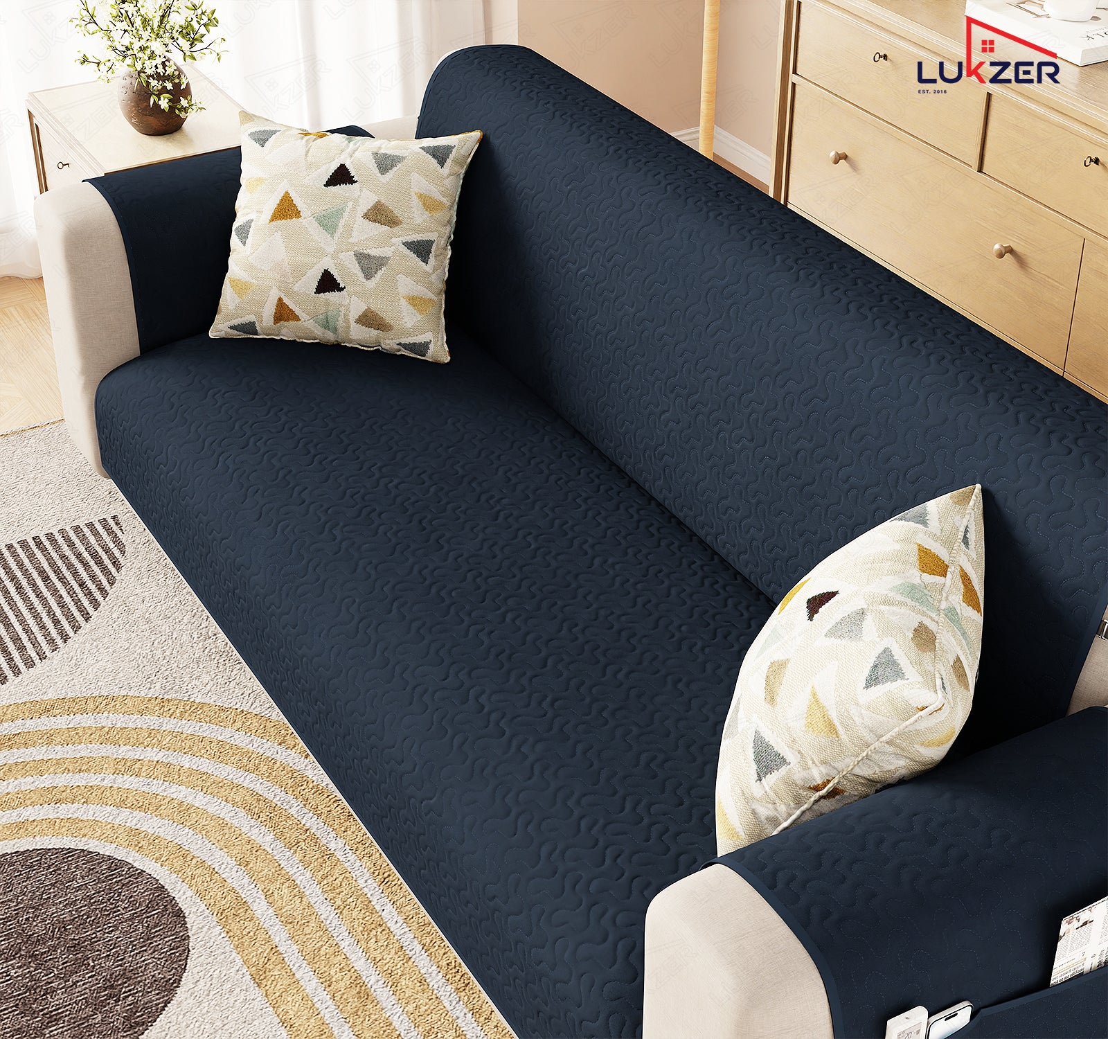 Lukzer Quilted Stipple Blue Sofa Cover Mat with Storage Side Pocket | 350 GSM Polyester Blend Full Coverage with Arms &amp; Back Belt | Machine Washable Sofa Runner.
