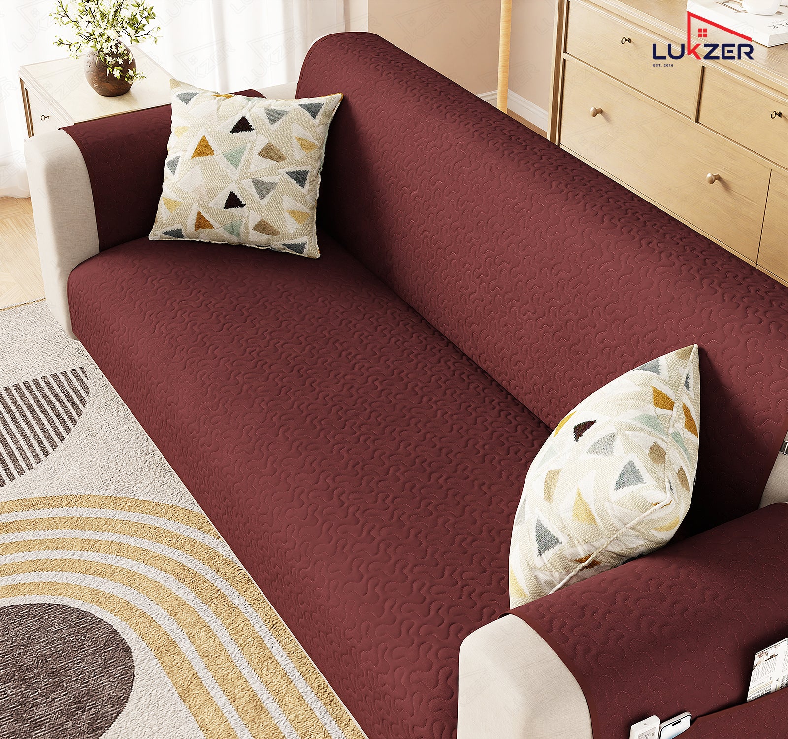 Lukzer Quilted Stipple Blue Sofa Cover Mat with Storage Side Pocket | 350 GSM Polyester Blend Full Coverage with Arms &amp; Back Belt | Machine Washable Sofa Runner.
