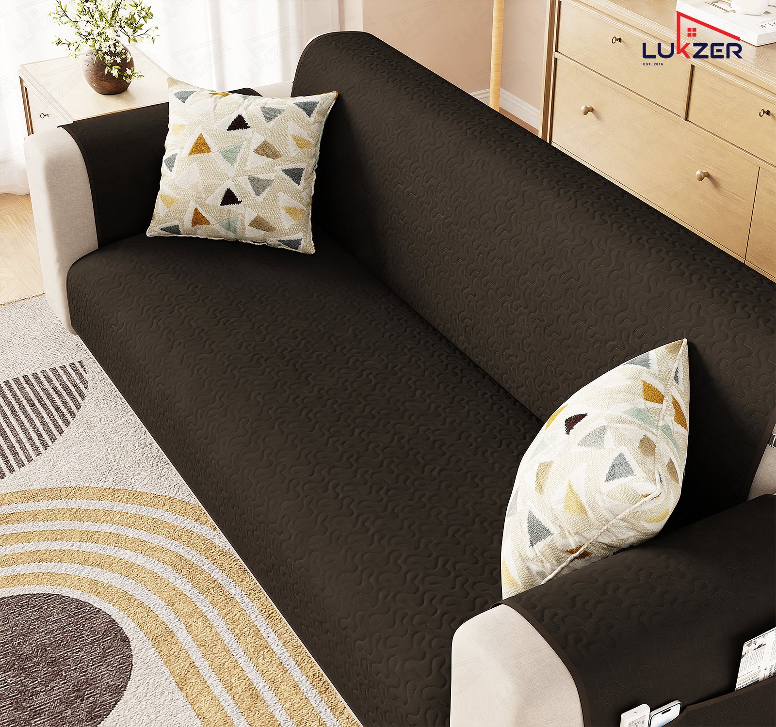 Lukzer Quilted Stipple Blue Sofa Cover Mat with Storage Side Pocket | 350 GSM Polyester Blend Full Coverage with Arms &amp; Back Belt | Machine Washable Sofa Runner.