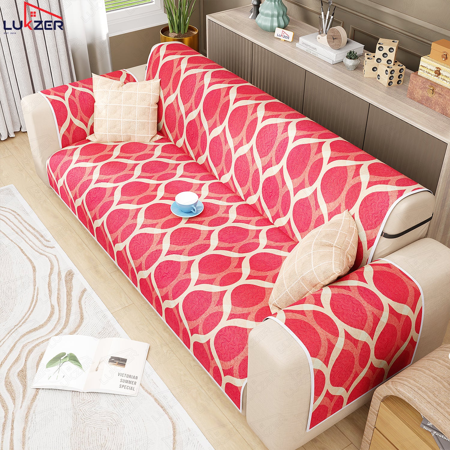Lukzer Quilted Reversible Sofa Cover Mat with Arms | Polyester Blend 350 GSM Full Coverage &amp; Back Belt for Stability | Washable Furniture Protector.