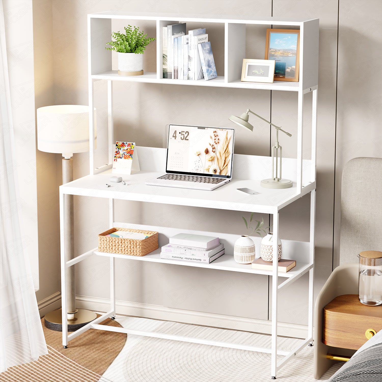 Lukzer Wooden & Metal Study Desk with 3 Storage Shelf & Open Bookshelf for Home (MST-011/White & White)