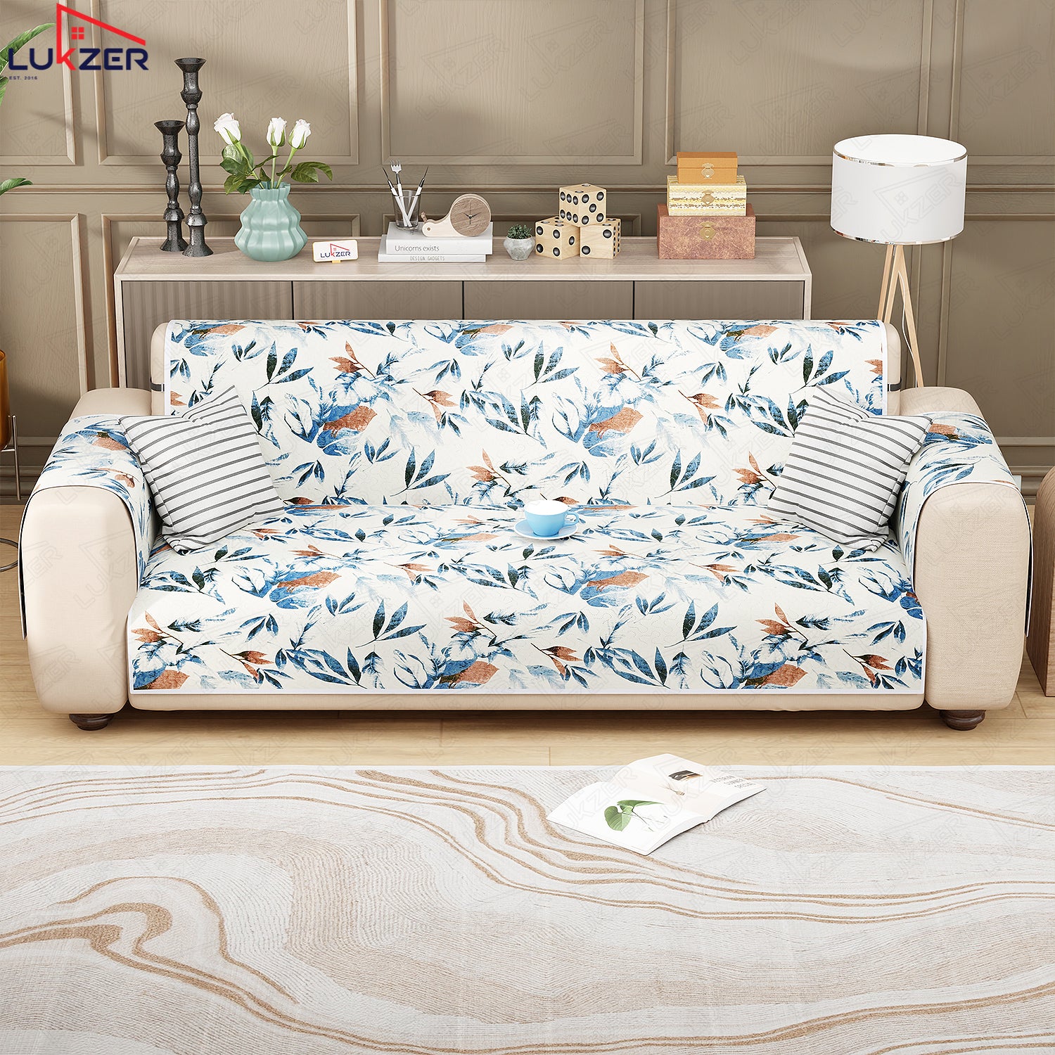 Lukzer Quilted Reversible Sofa Cover Mat with Arms | Polyester Blend 350 GSM Full Coverage &amp; Back Belt for Stability | Washable Furniture Protector.