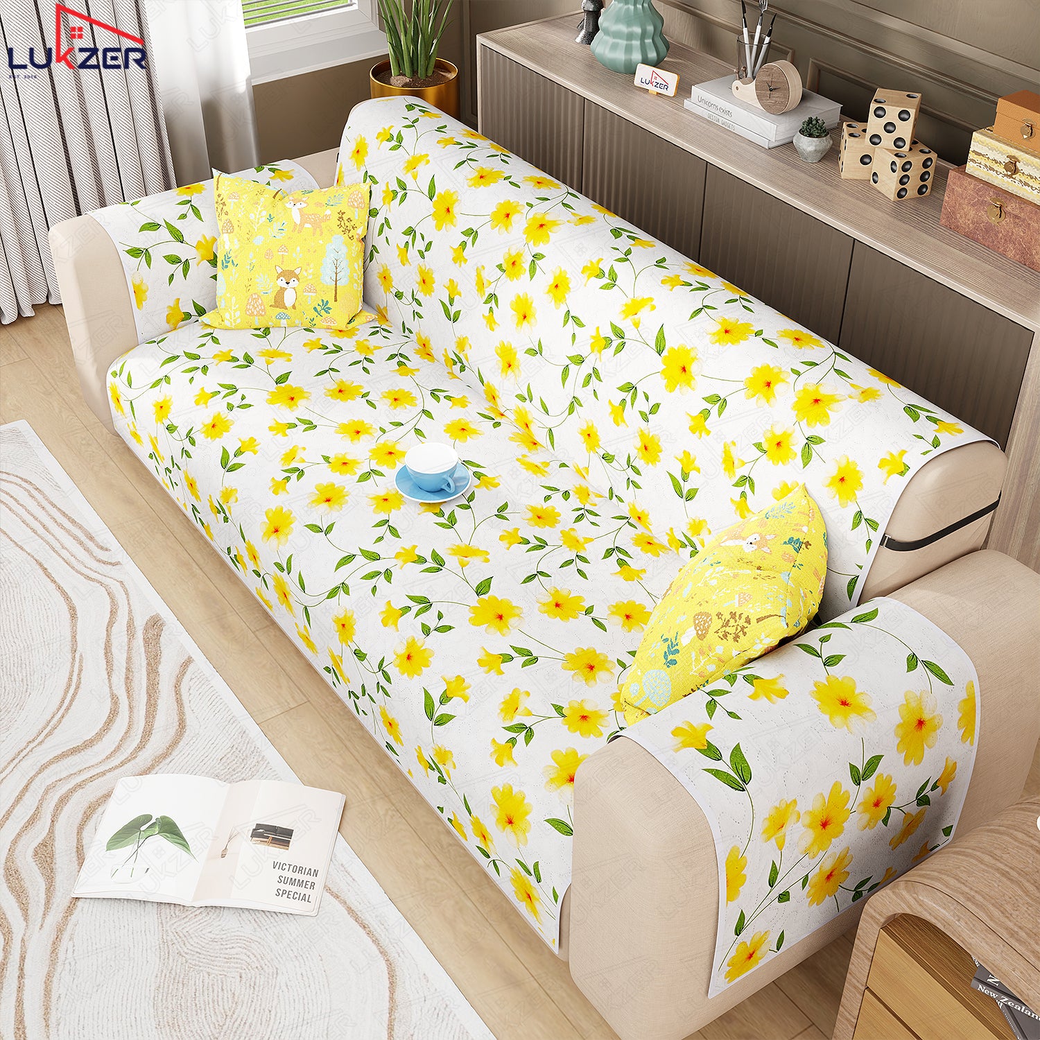 Lukzer Quilted Reversible Sofa Cover Mat with Arms | Polyester Blend 350 GSM Full Coverage &amp; Back Belt for Stability | Washable Furniture Protector.