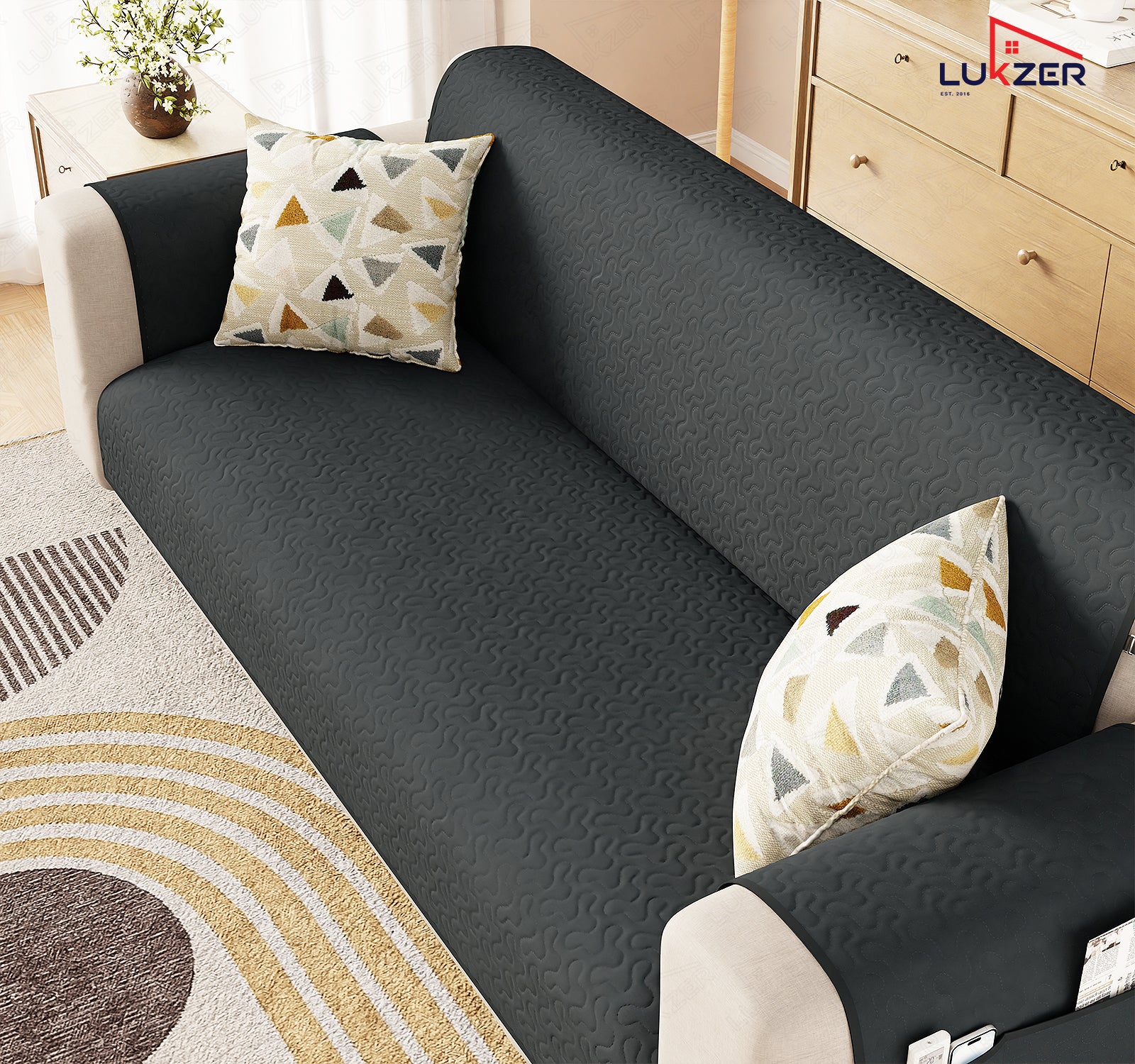 Lukzer Quilted Stipple Blue Sofa Cover Mat with Storage Side Pocket | 350 GSM Polyester Blend Full Coverage with Arms &amp; Back Belt | Machine Washable Sofa Runner.