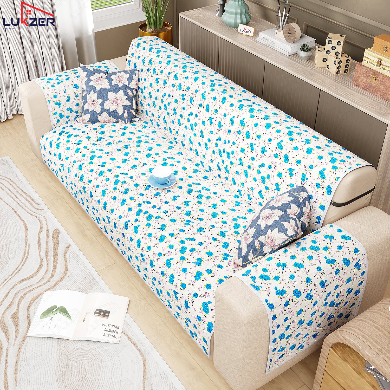 Lukzer Quilted Reversible Sofa Cover Mat with Arms | Polyester Blend 350 GSM Full Coverage &amp; Back Belt for Stability | Washable Furniture Protector.