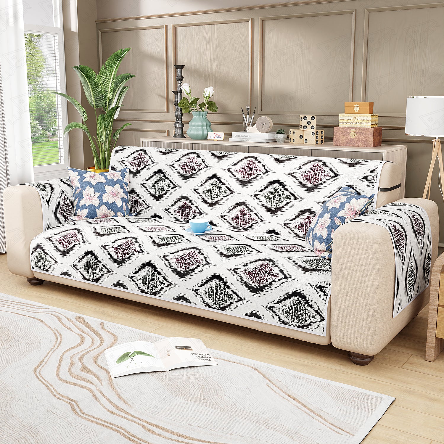 Lukzer Quilted Reversible Sofa Cover Mat with Arms | Polyester Blend 350 GSM Full Coverage &amp; Back Belt for Stability | Washable Furniture Protector.