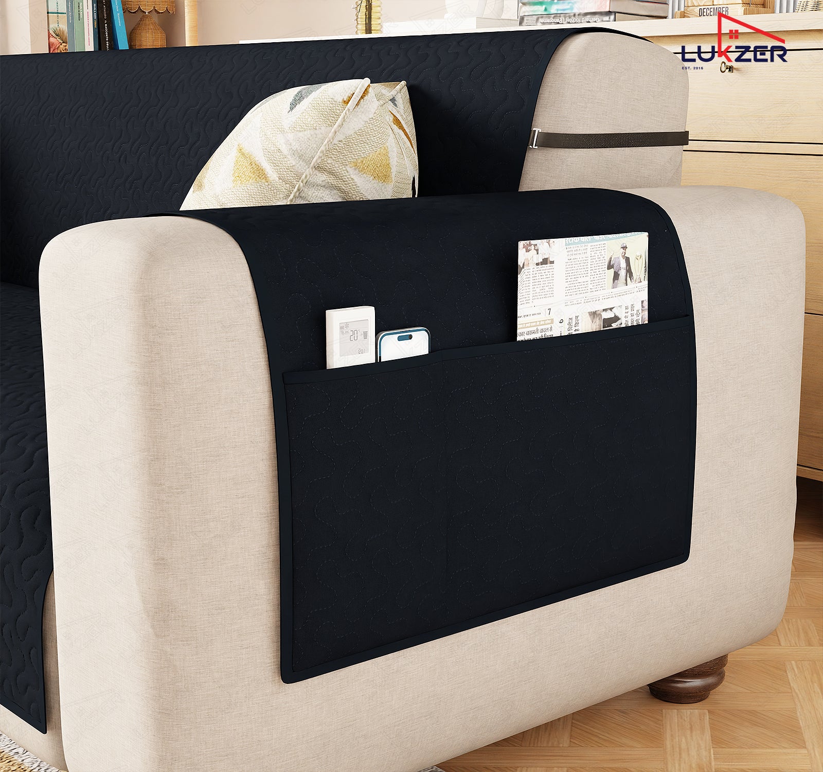 Lukzer Quilted Stipple Blue Sofa Cover Mat with Storage Side Pocket | 350 GSM Polyester Blend Full Coverage with Arms &amp; Back Belt | Machine Washable Sofa Runner.
