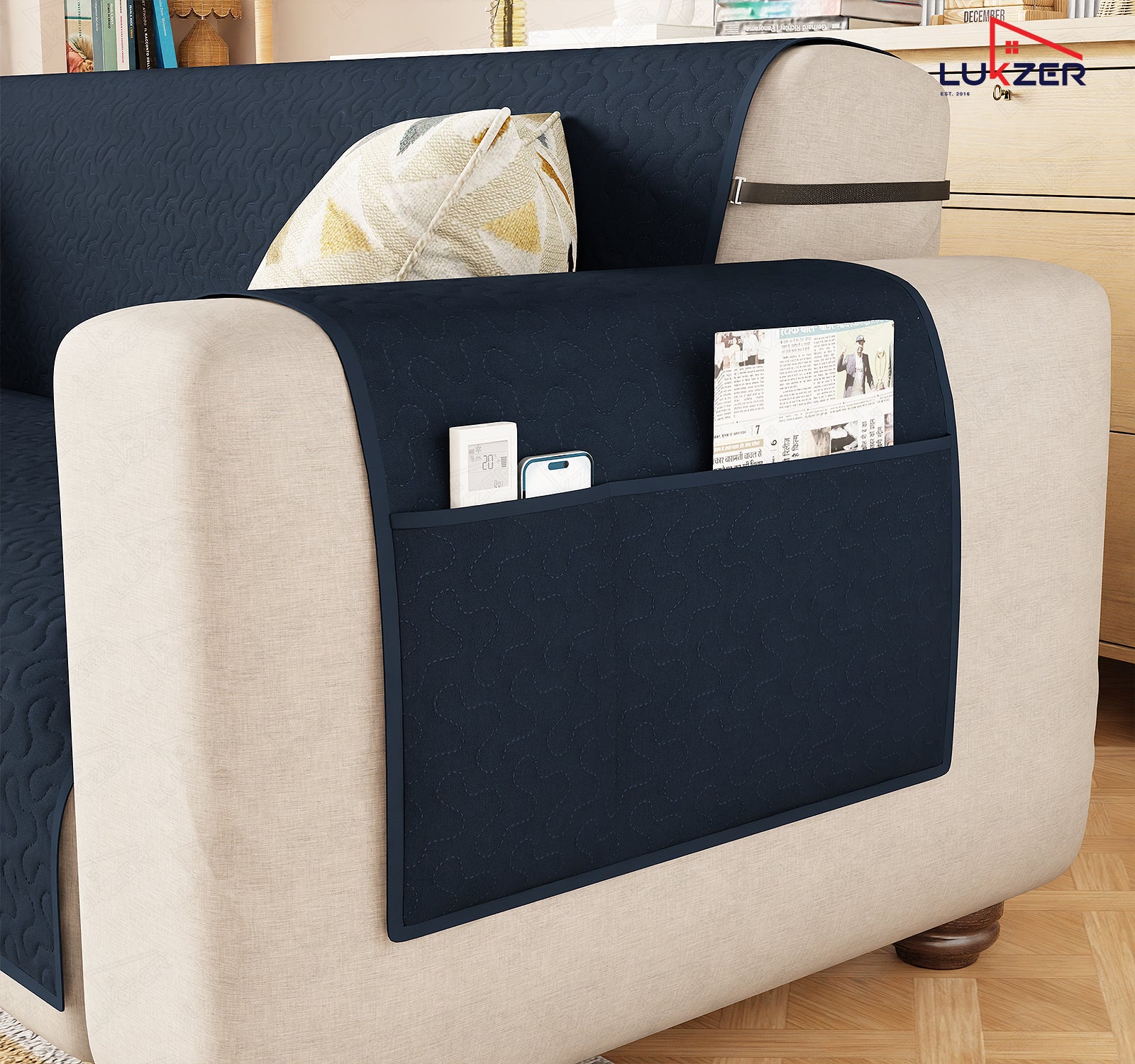 Lukzer Quilted Stipple Blue Sofa Cover Mat with Storage Side Pocket | 350 GSM Polyester Blend Full Coverage with Arms &amp; Back Belt | Machine Washable Sofa Runner.