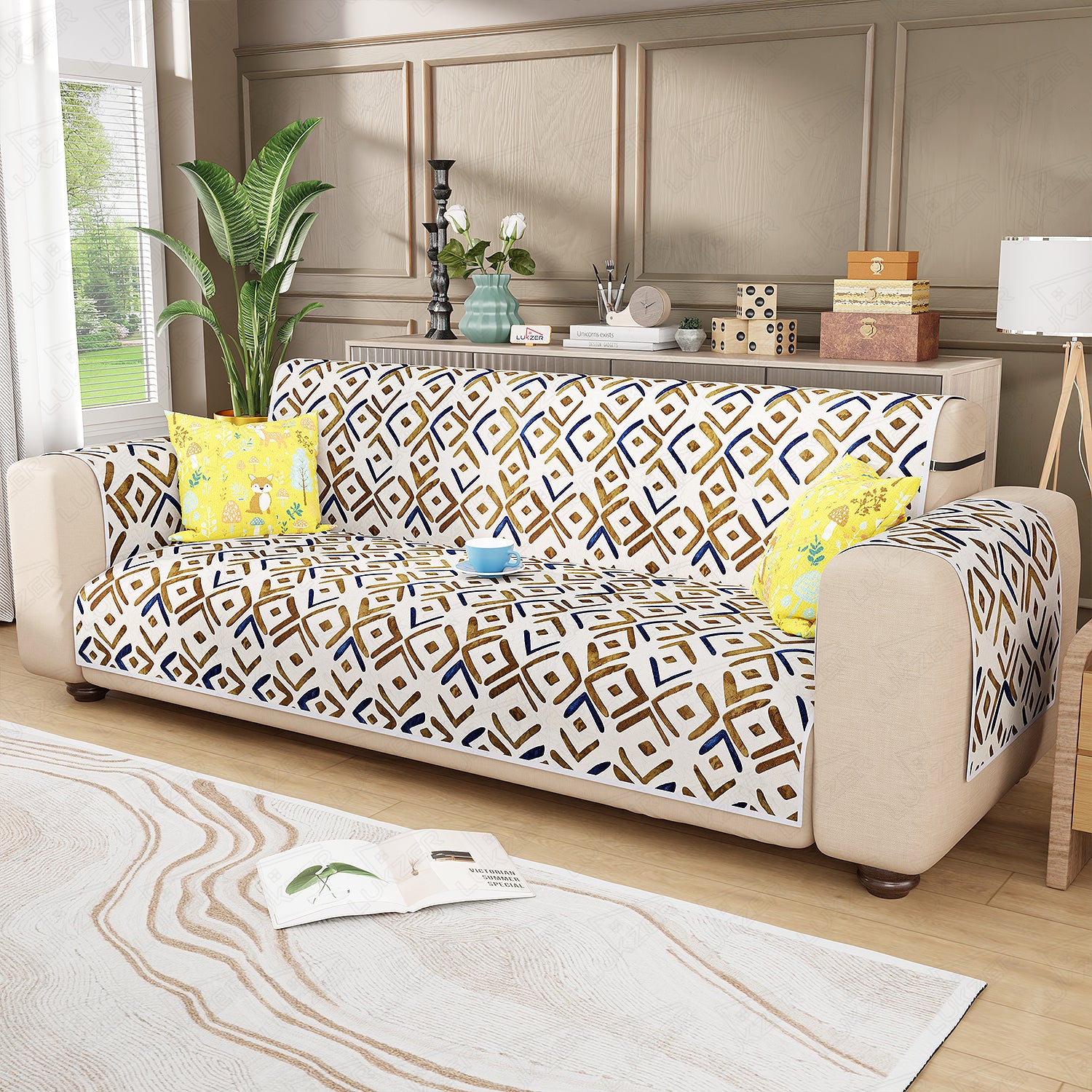 Lukzer Quilted Reversible Sofa Cover Mat with Arms | Polyester Blend 350 GSM Full Coverage &amp; Back Belt for Stability | Washable Furniture Protector.