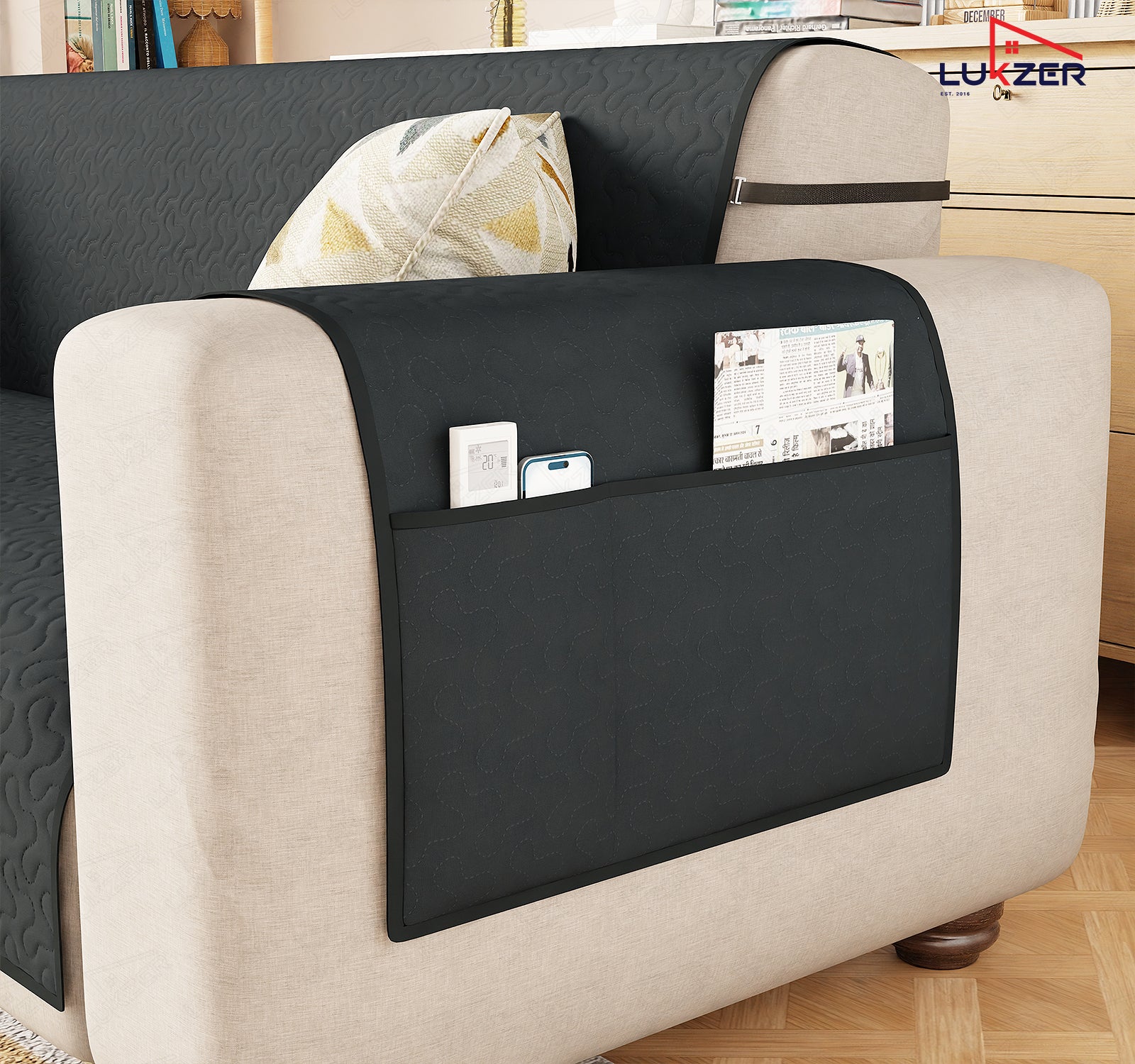 Lukzer Quilted Stipple Blue Sofa Cover Mat with Storage Side Pocket | 350 GSM Polyester Blend Full Coverage with Arms &amp; Back Belt | Machine Washable Sofa Runner.