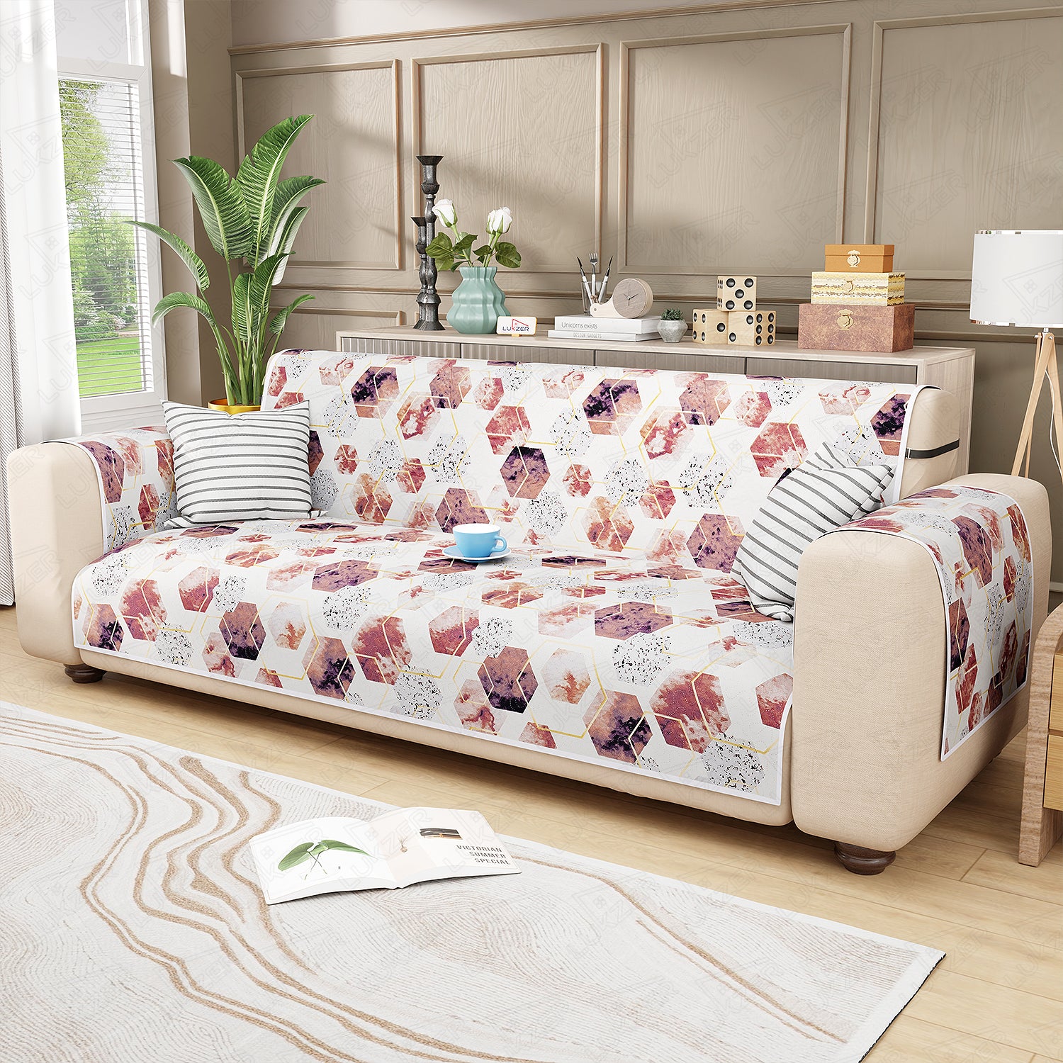 Lukzer Quilted Reversible Sofa Cover Mat with Arms | Polyester Blend 350 GSM Full Coverage &amp; Back Belt for Stability | Washable Furniture Protector.