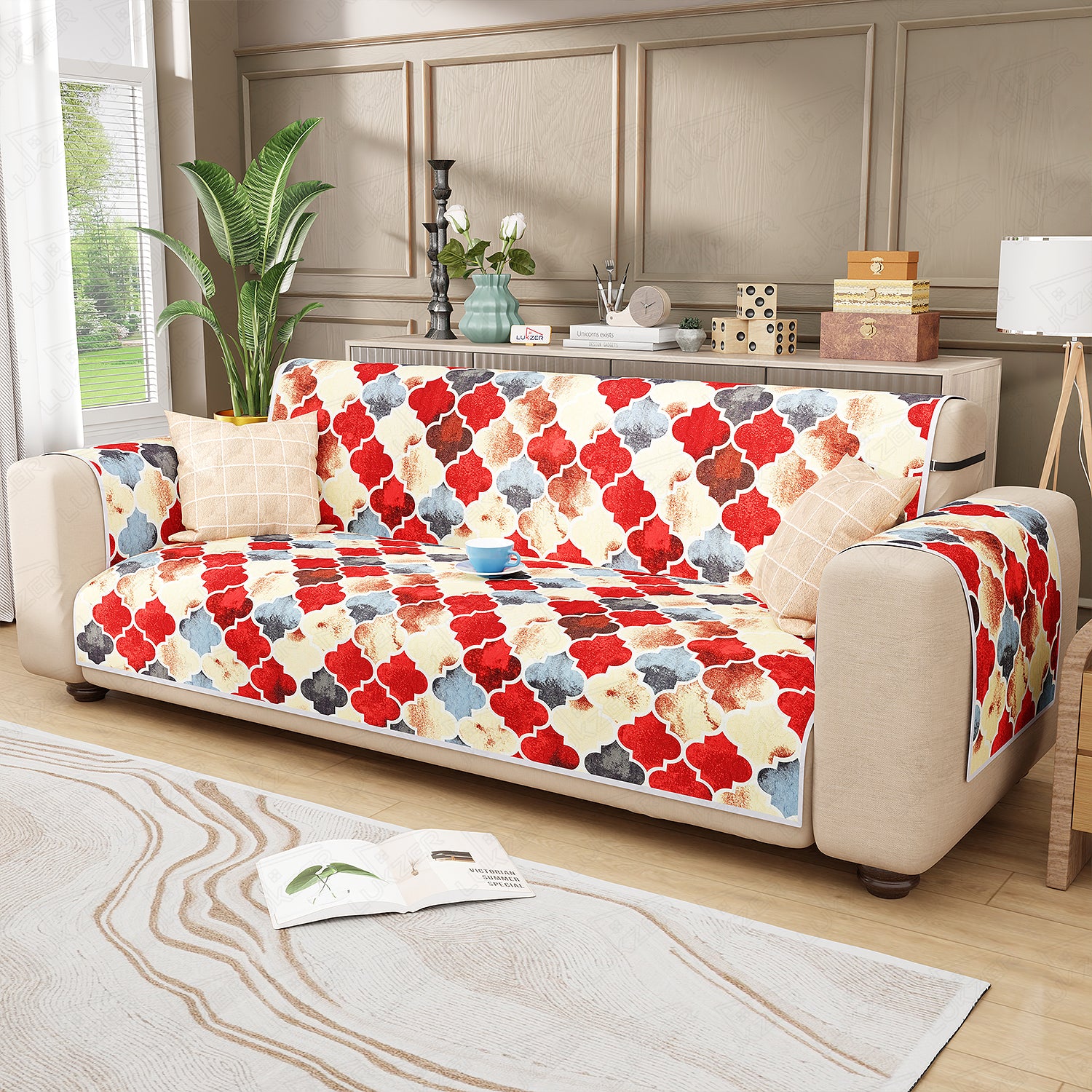 Lukzer Quilted Reversible Sofa Cover Mat with Arms | Polyester Blend 350 GSM Full Coverage &amp; Back Belt for Stability | Washable Furniture Protector.
