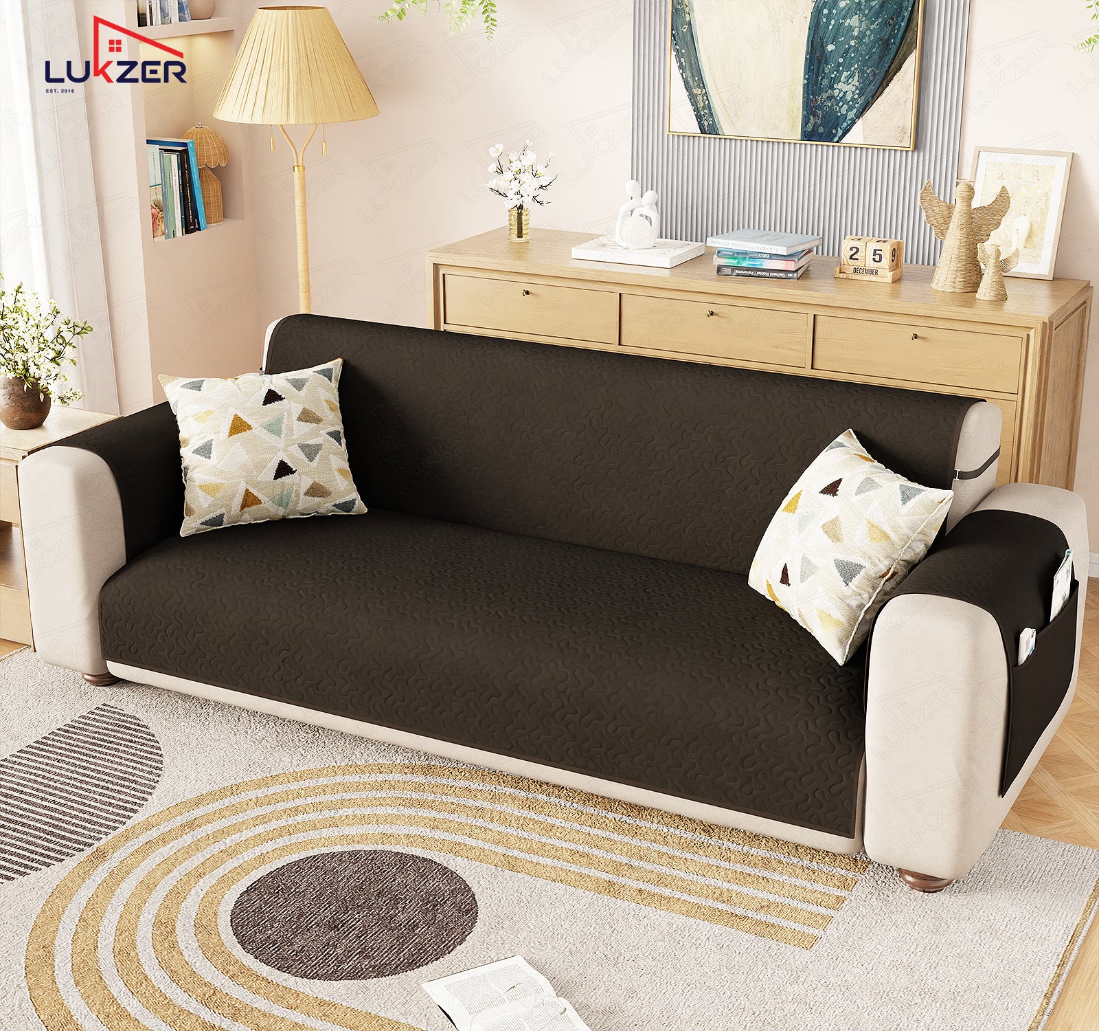 Lukzer Quilted Stipple Blue Sofa Cover Mat with Storage Side Pocket | 350 GSM Polyester Blend Full Coverage with Arms &amp; Back Belt | Machine Washable Sofa Runner.