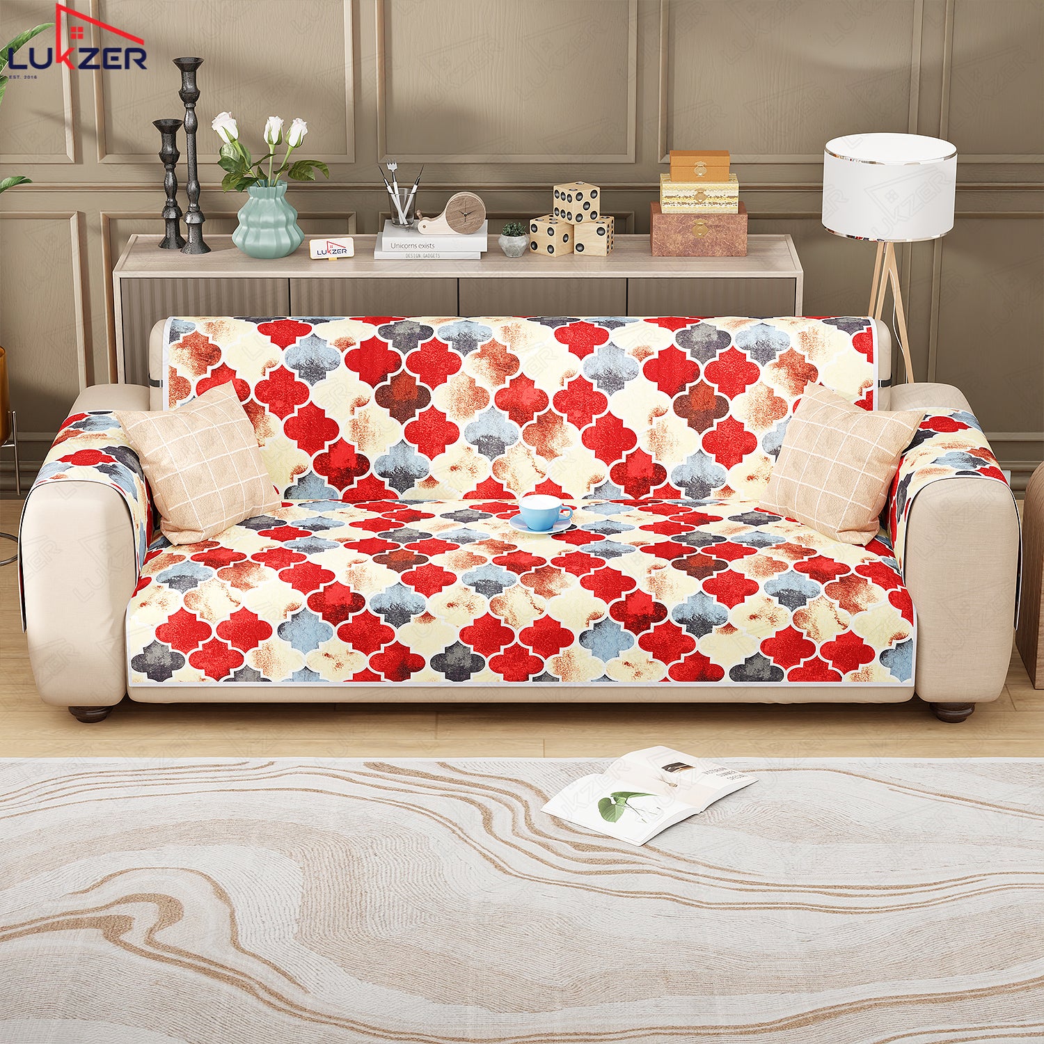 Lukzer Quilted Reversible Sofa Cover Mat with Arms | Polyester Blend 350 GSM Full Coverage &amp; Back Belt for Stability | Washable Furniture Protector.