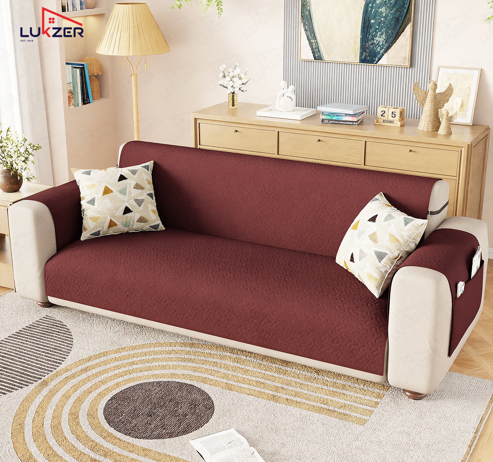 Lukzer Quilted Stipple Blue Sofa Cover Mat with Storage Side Pocket | 350 GSM Polyester Blend Full Coverage with Arms &amp; Back Belt | Machine Washable Sofa Runner.