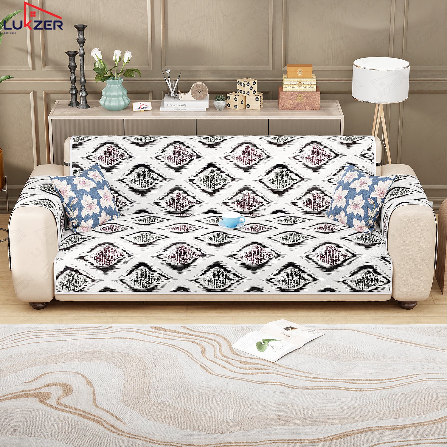 Lukzer Quilted Reversible Sofa Cover Mat with Arms | Polyester Blend 350 GSM Full Coverage &amp; Back Belt for Stability | Washable Furniture Protector.
