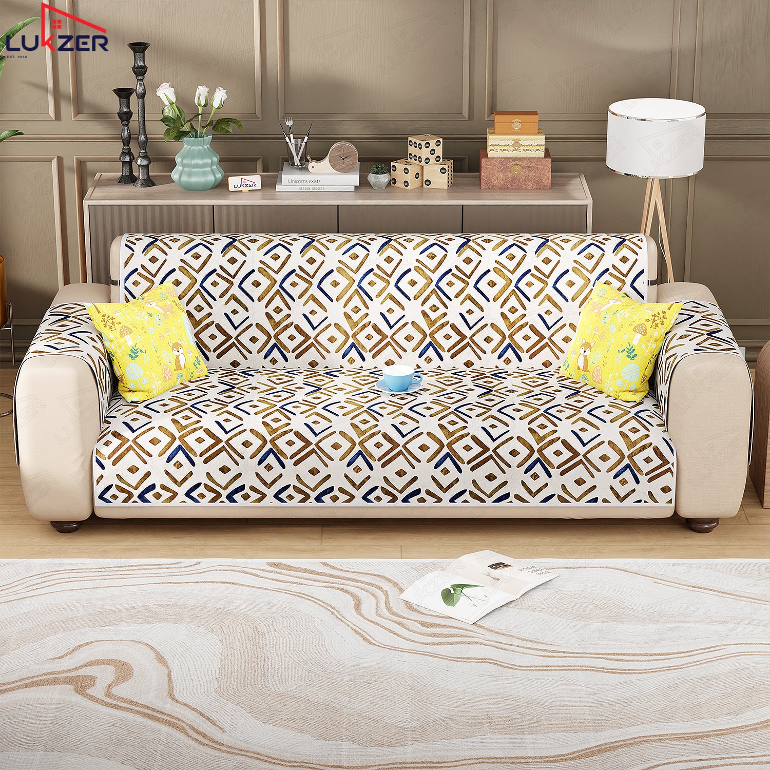 Lukzer Quilted Reversible Sofa Cover Mat with Arms | Polyester Blend 350 GSM Full Coverage &amp; Back Belt for Stability | Washable Furniture Protector.