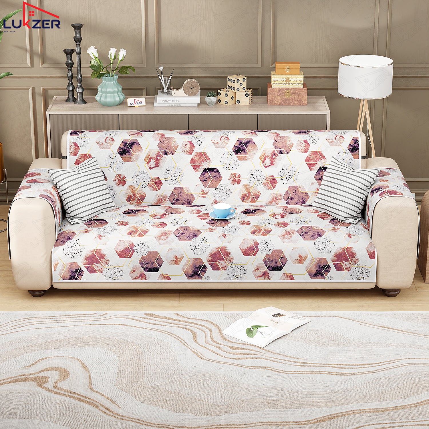 Lukzer Quilted Reversible Sofa Cover Mat with Arms | Polyester Blend 350 GSM Full Coverage &amp; Back Belt for Stability | Washable Furniture Protector.