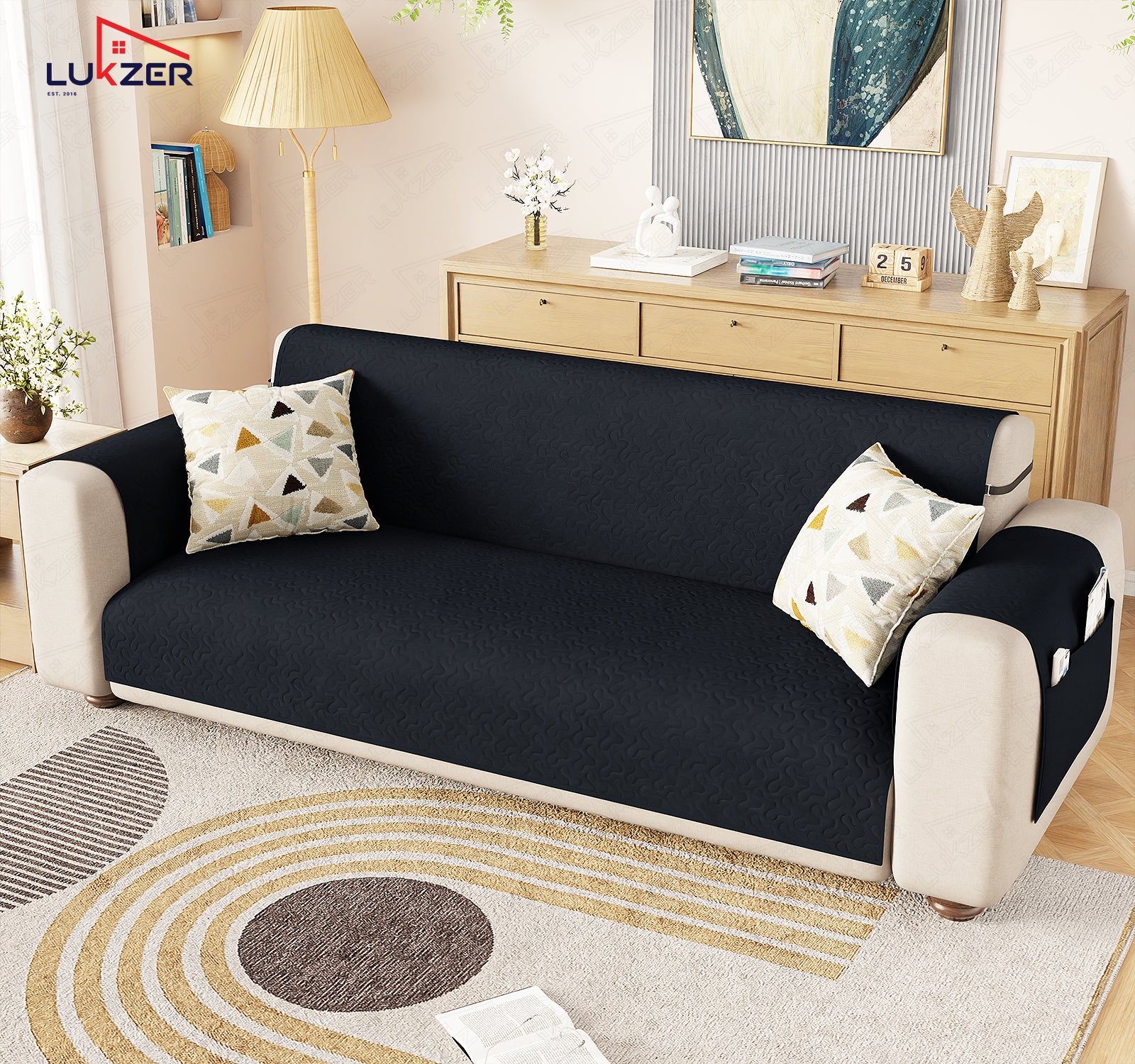 Lukzer Quilted Stipple Blue Sofa Cover Mat with Storage Side Pocket | 350 GSM Polyester Blend Full Coverage with Arms &amp; Back Belt | Machine Washable Sofa Runner.