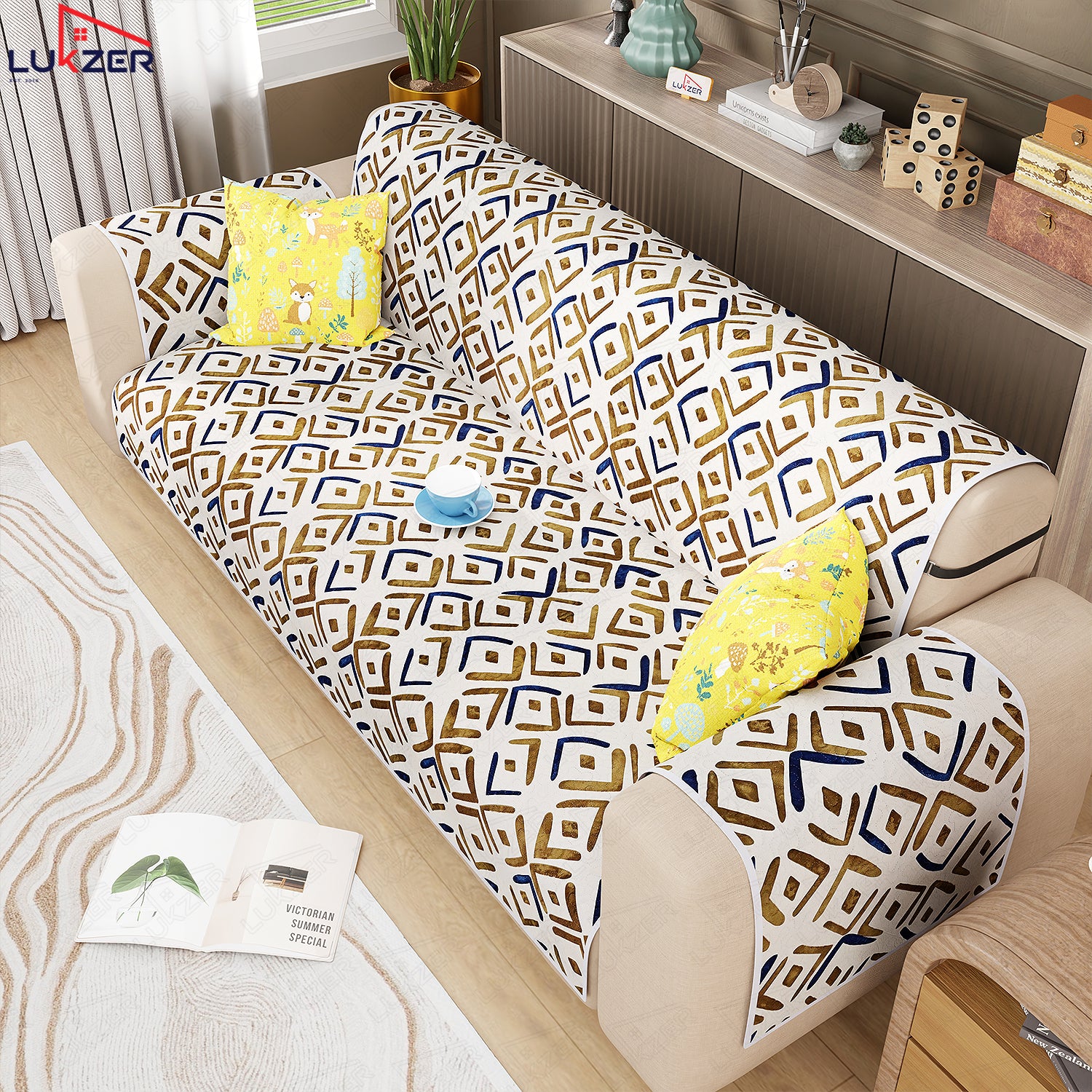 Lukzer Quilted Reversible Sofa Cover Mat with Arms | Polyester Blend 350 GSM Full Coverage &amp; Back Belt for Stability | Washable Furniture Protector.