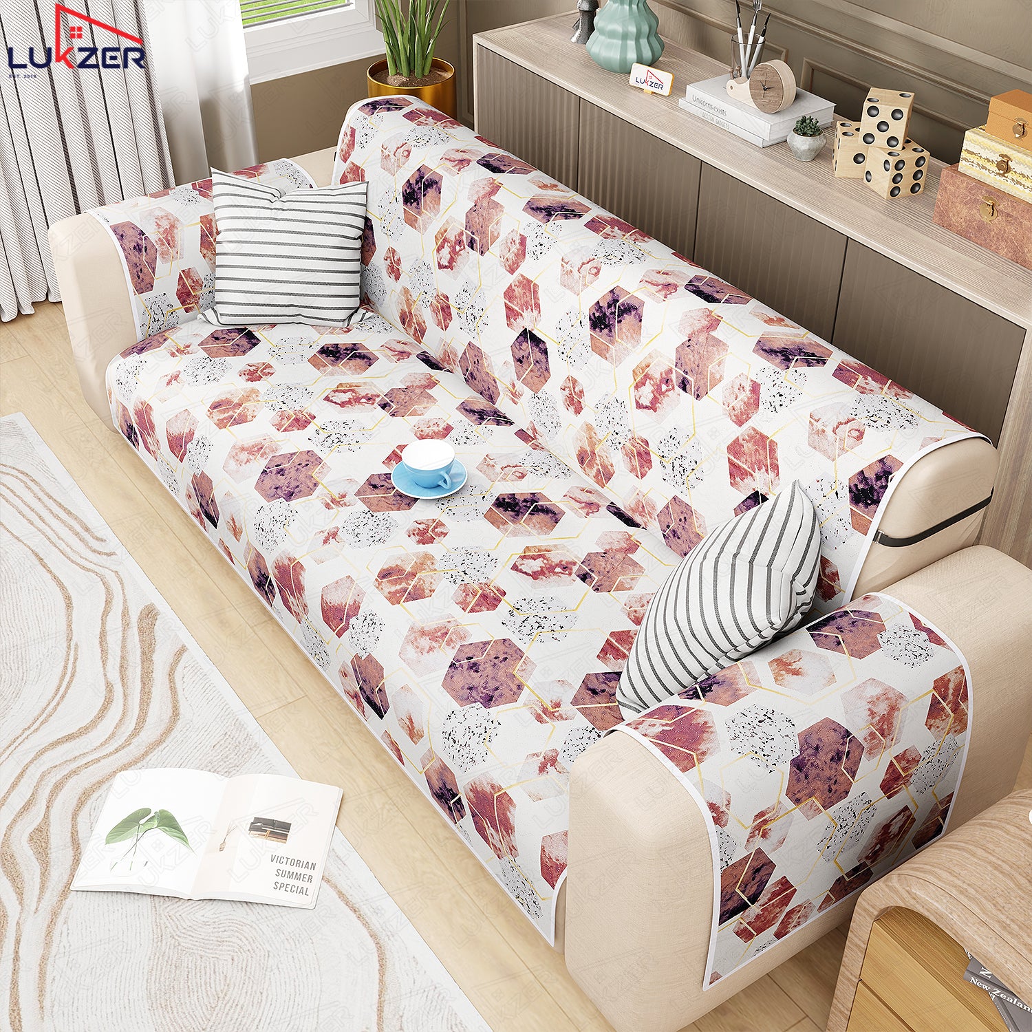 Lukzer Quilted Reversible Sofa Cover Mat with Arms | Polyester Blend 350 GSM Full Coverage &amp; Back Belt for Stability | Washable Furniture Protector.