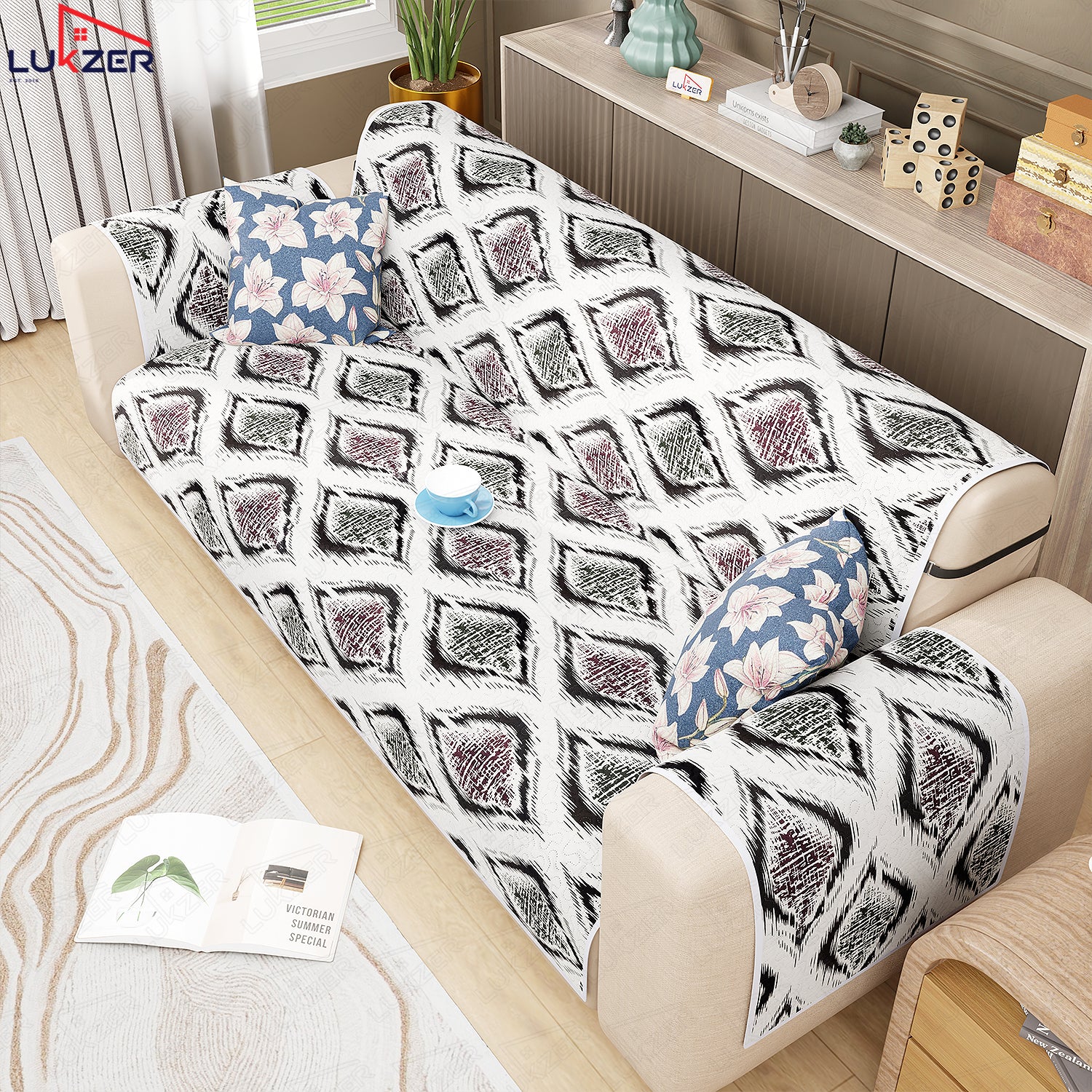 Lukzer Quilted Reversible Sofa Cover Mat with Arms | Polyester Blend 350 GSM Full Coverage &amp; Back Belt for Stability | Washable Furniture Protector.